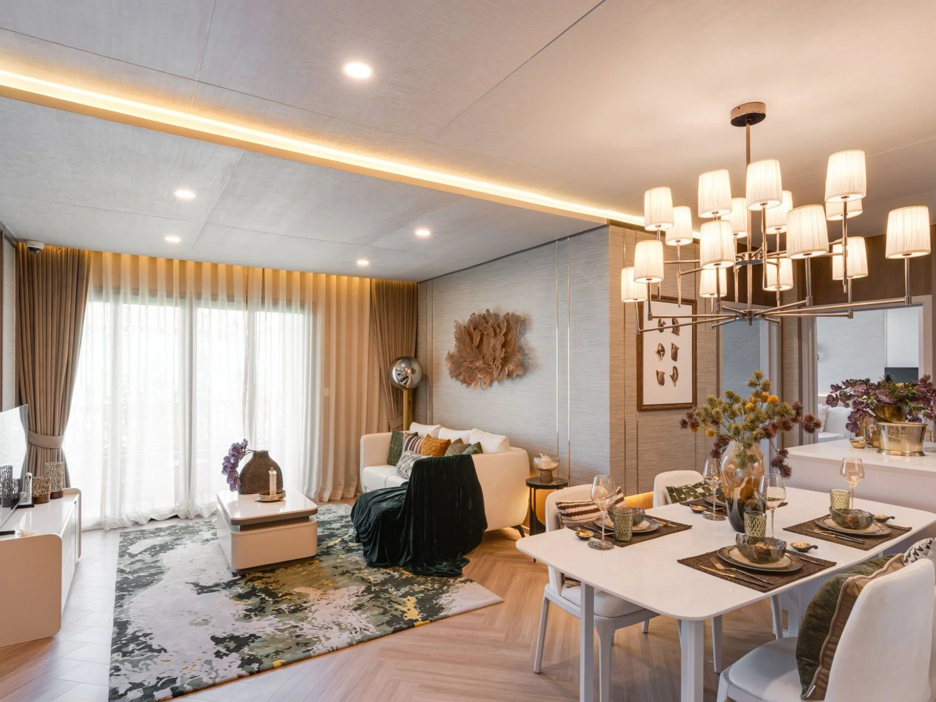 Living and dining area interior in a 3-bedroom apartment at The Title Coralina, Kamala