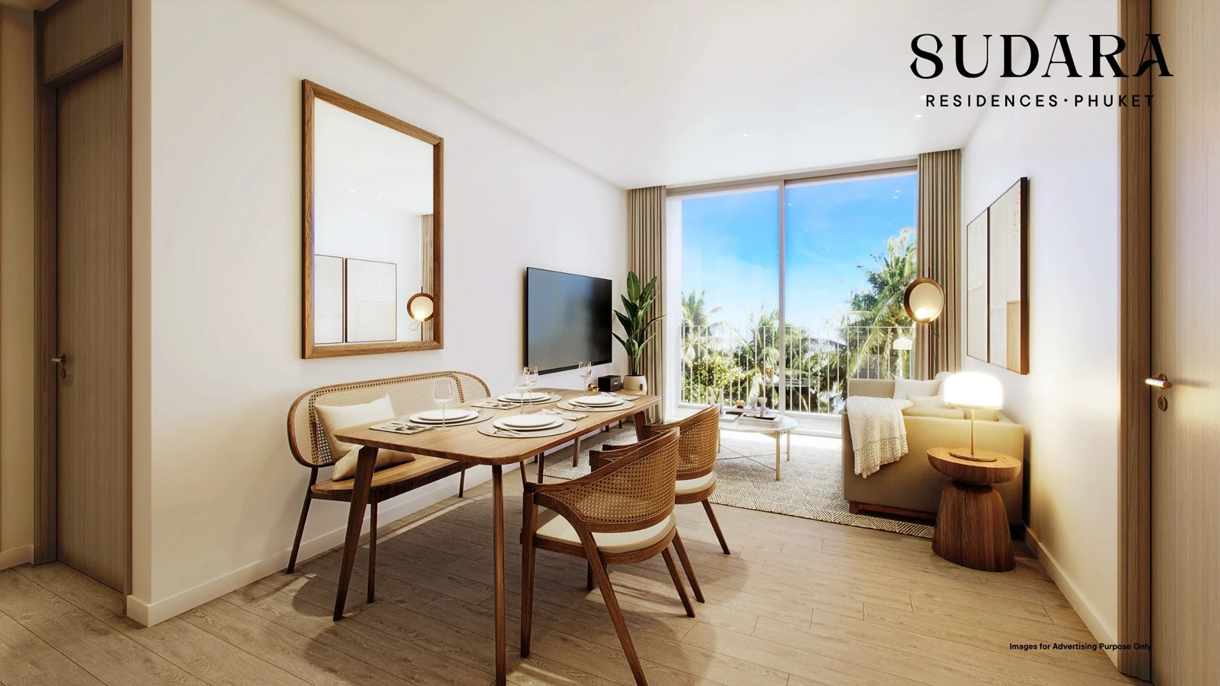 Living and dining area interior in 2-bedroom apartment at Sudara Residences, Phuke