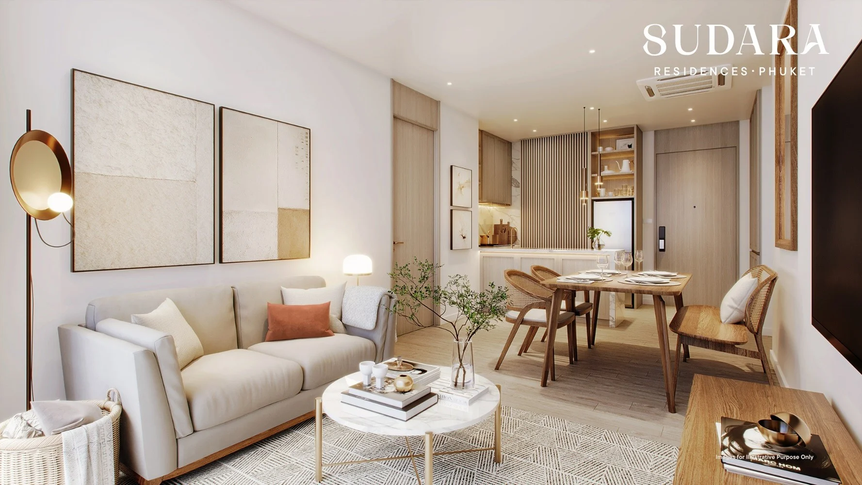 Living room and dining area interior in 2-bedroom apartment at SUDARA Residences, Phuke