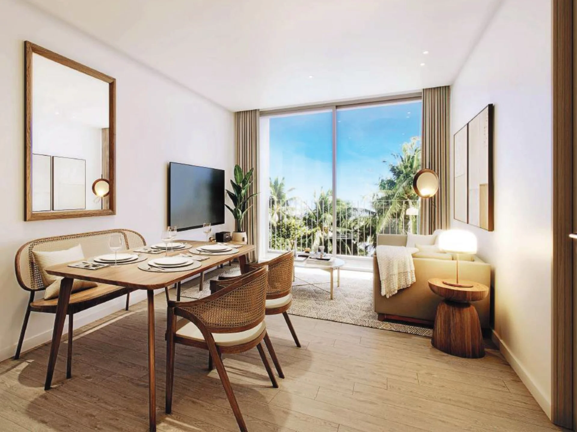 Open-plan living and dining area with tropical views in 3-bedroom apartment at SUDARA, Thailand