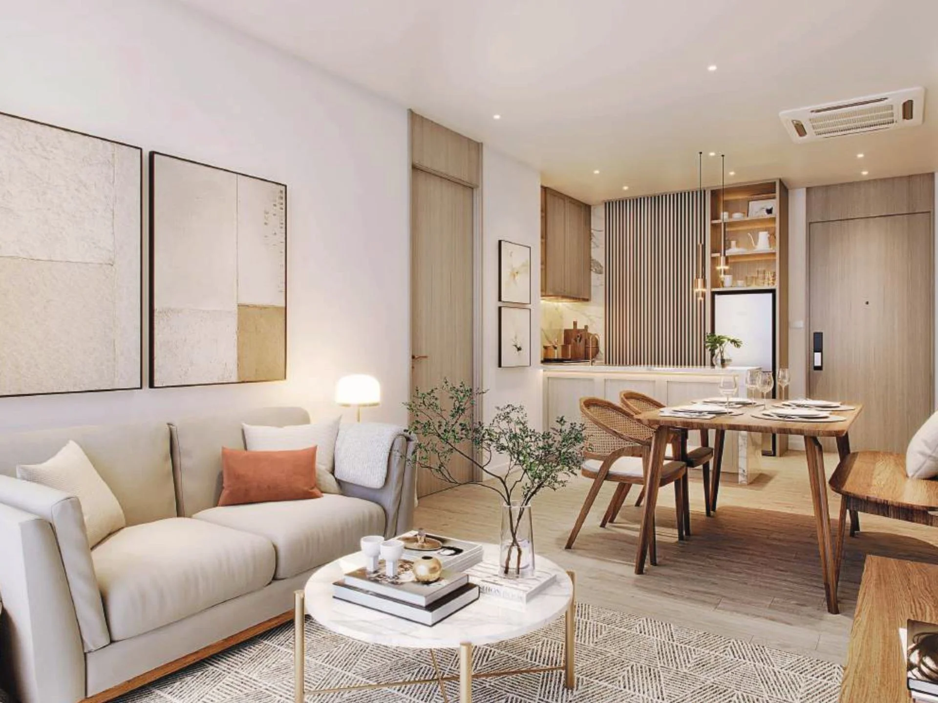 Living room and dining area interior in a 3-bedroom apartment at SUDARA, Thailand