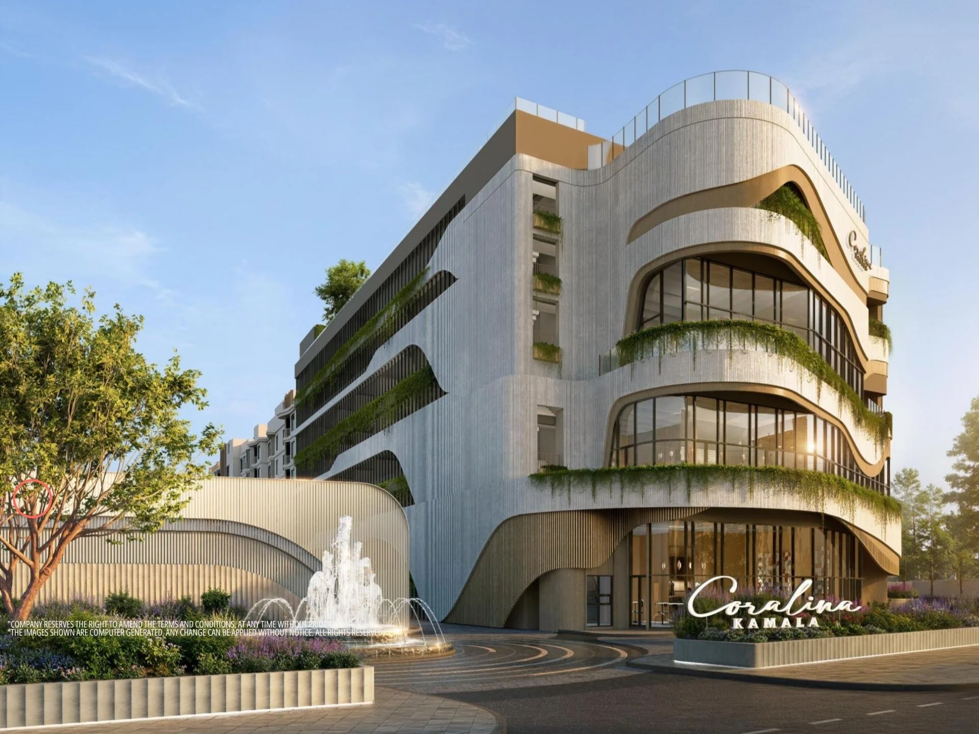 Architecture of The Title Coralina residence with curved balconies and green landscaping, Kamala