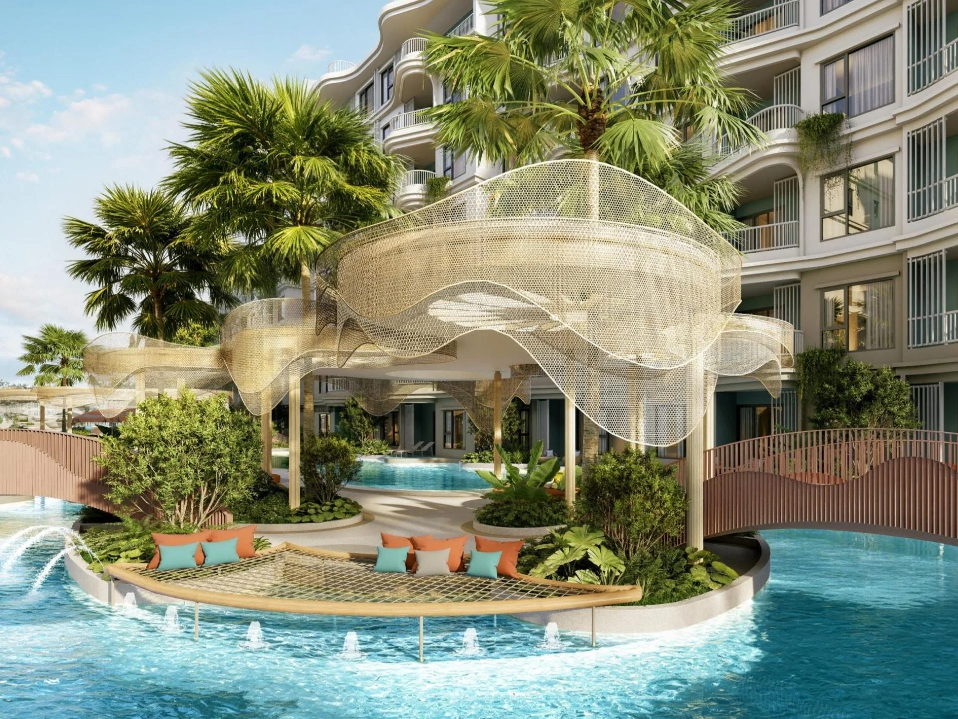 Landscaped recreation area with pool and lounge pavilion at The Title Coralina, Kamala