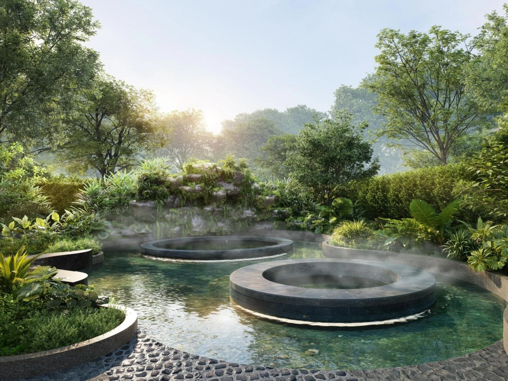 Landscaped spa area with hot spring pools at The Title Coralina, Kamala
