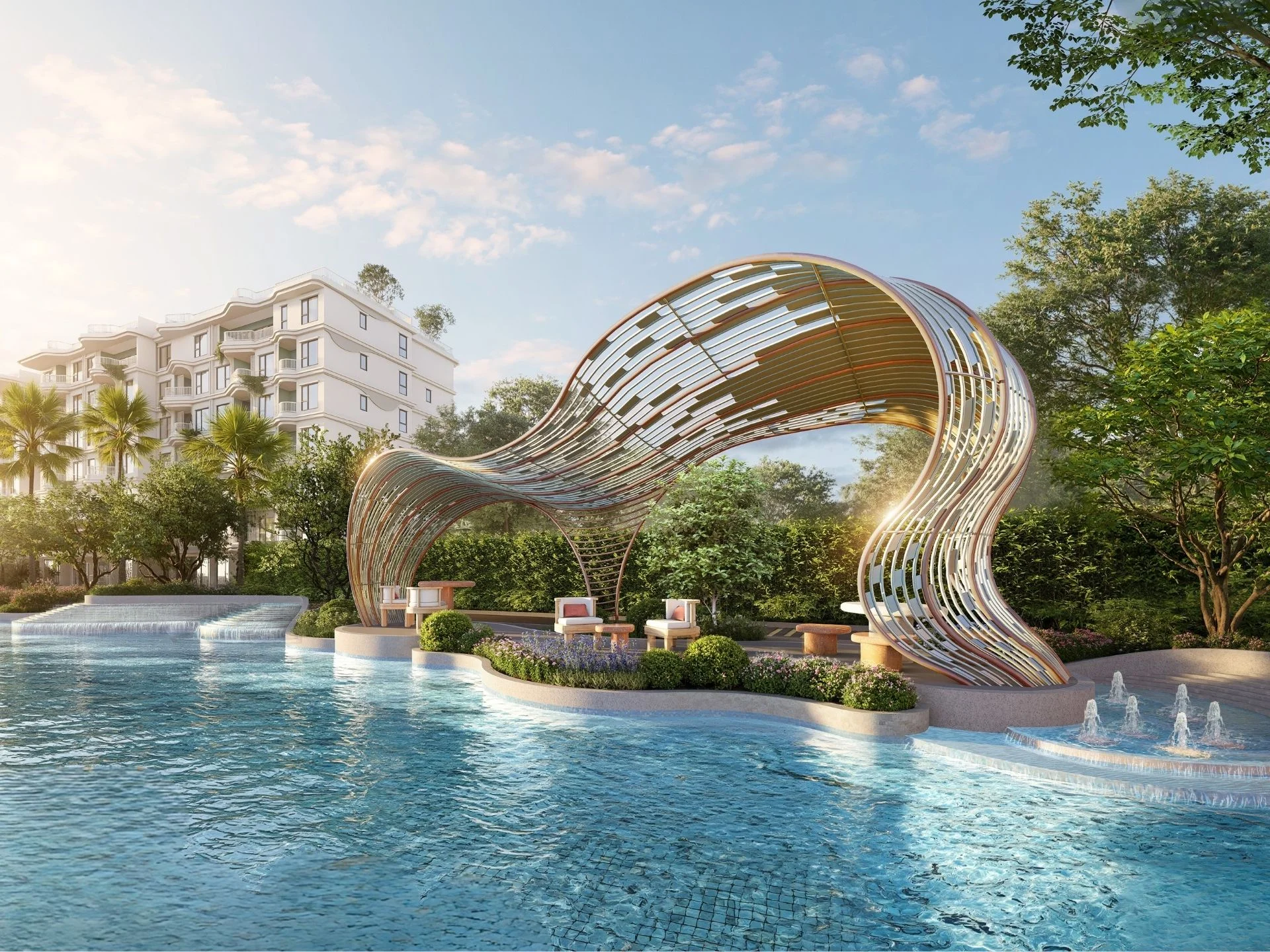 Landscaped pool area with sculptural pavilion at The Title Coralina, Kamala