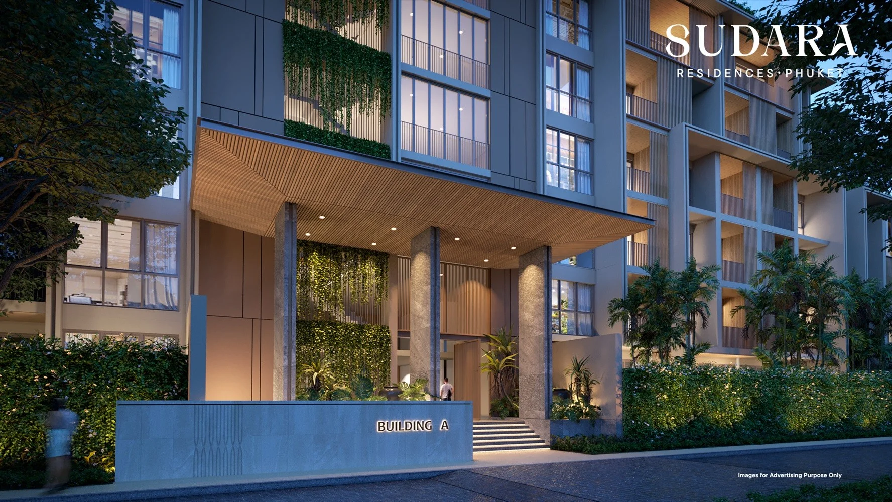 Architecture of Sudara Residences with landscaped entrance, Phuke