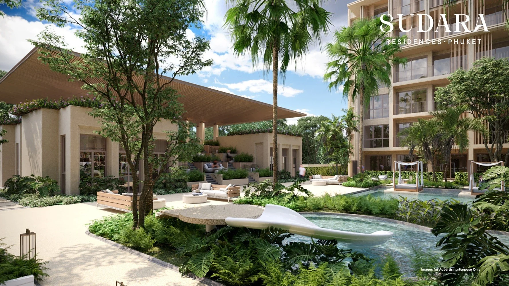 Landscaped courtyard with water feature at SUDARA Residences, Phuke