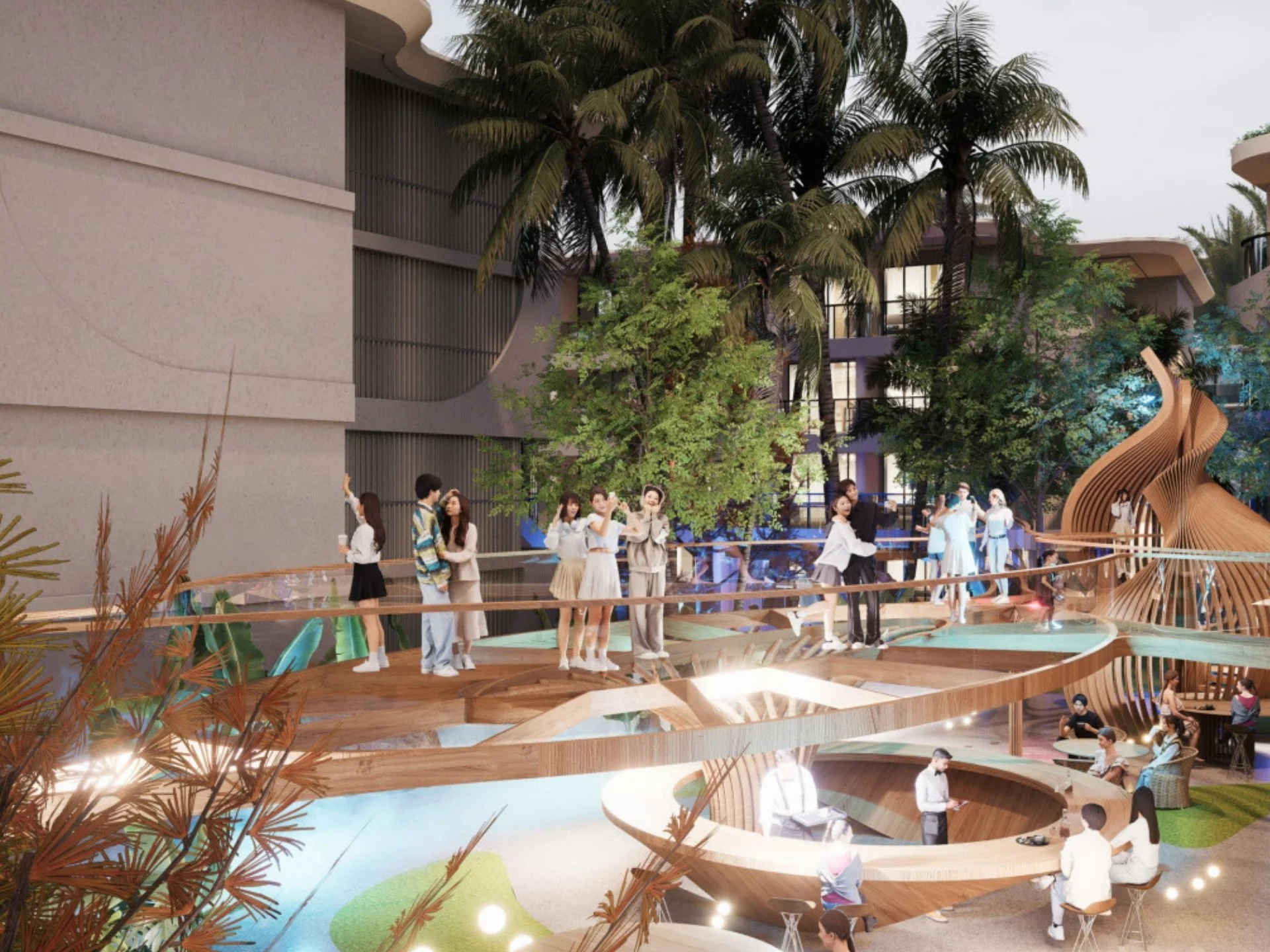 Landscaped courtyard with wooden seating areas at Anava Samui, Bo Pu