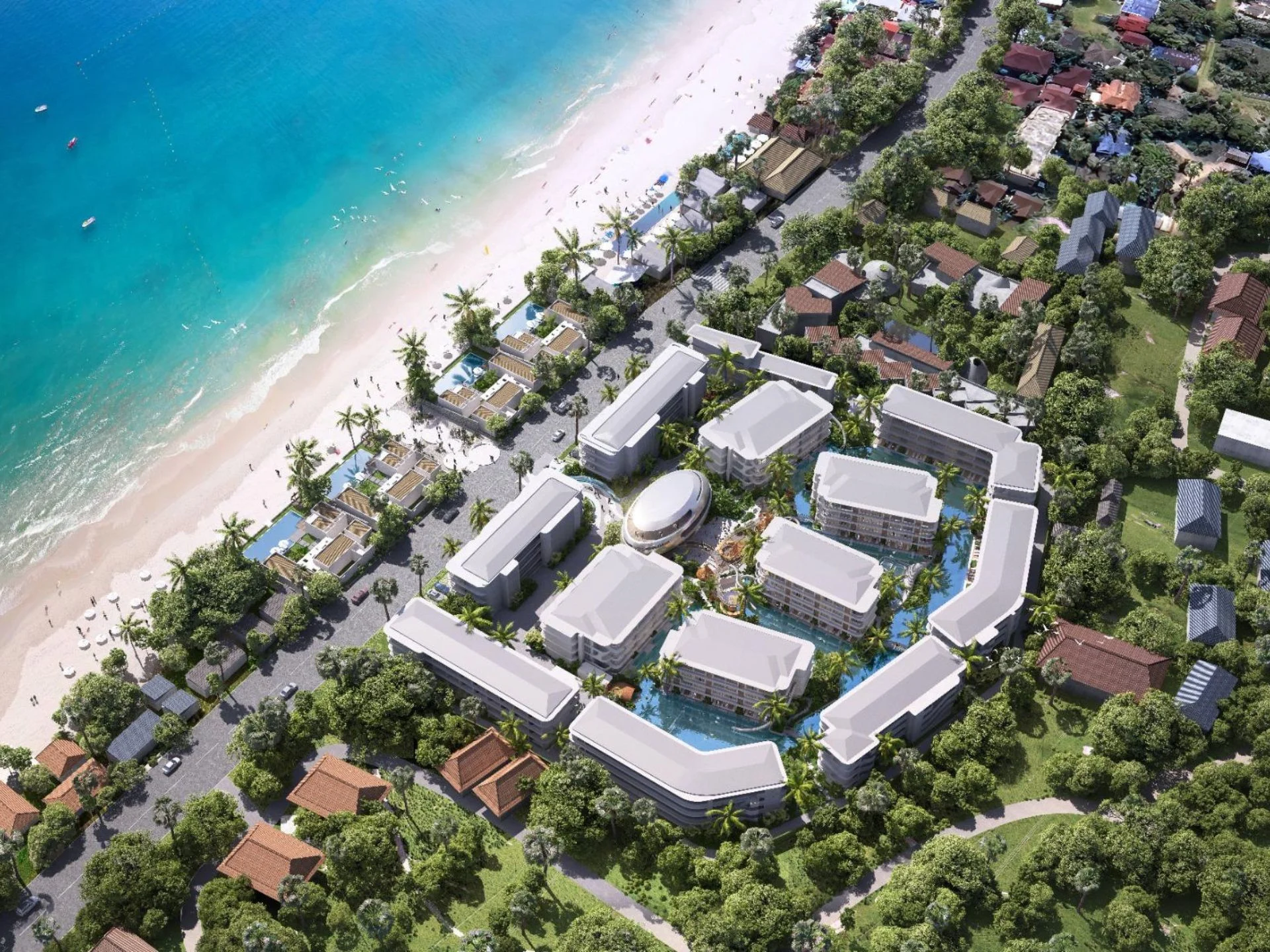 Aerial view of Anava Samui beachfront complex with white architecture and pools, Bo Pu