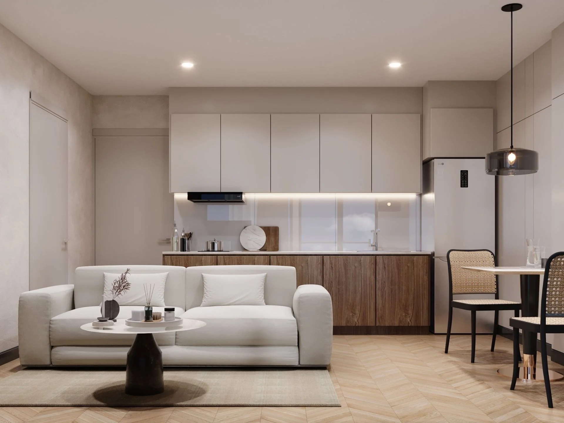 Open-plan living and kitchen interior in 2-bedroom apartment at The Zero Bang Tao, Thailand