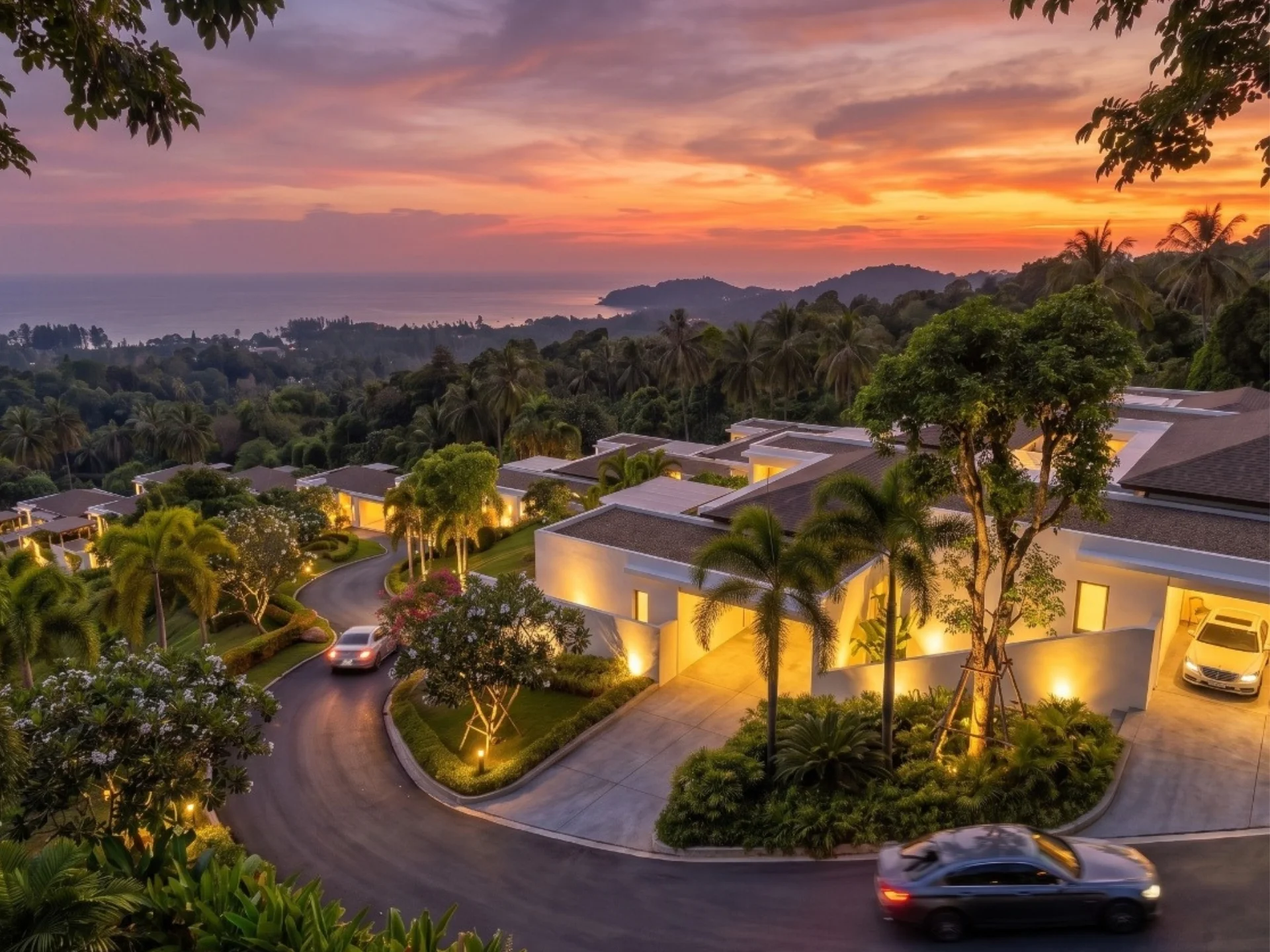 Aerial view of Nichakul villa complex at sunset with sea and mountain views, Lamai