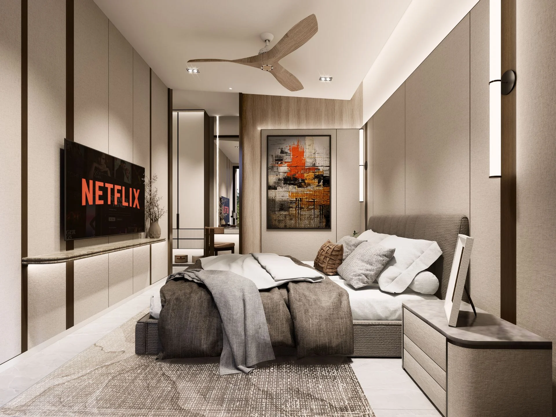 Master bedroom interior with entertainment system in Privilege Luxury Villas, Thailand