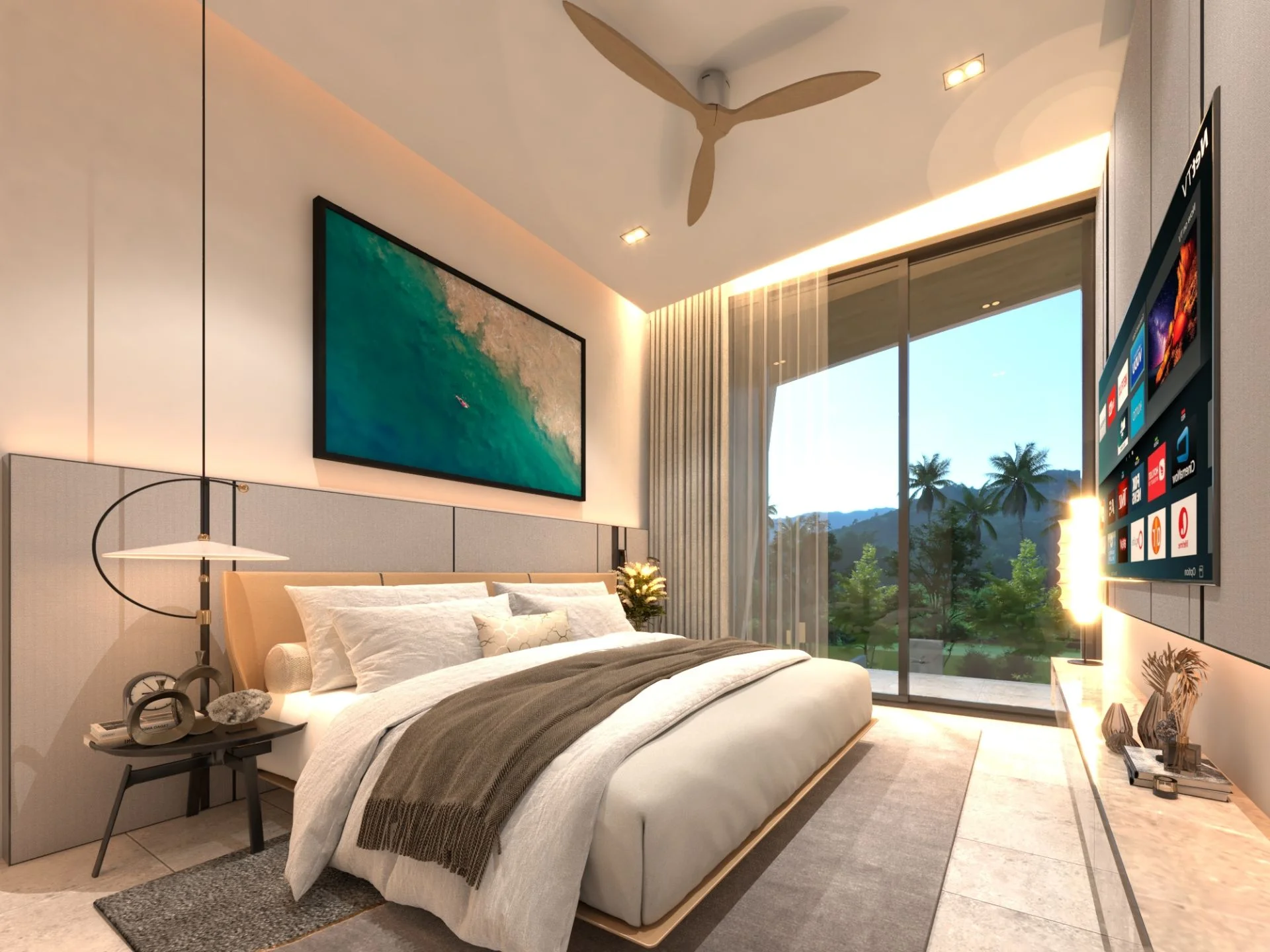 Master bedroom interior with mountain view in 3-bedroom villa at Privilege Luxury Villas, Lamai