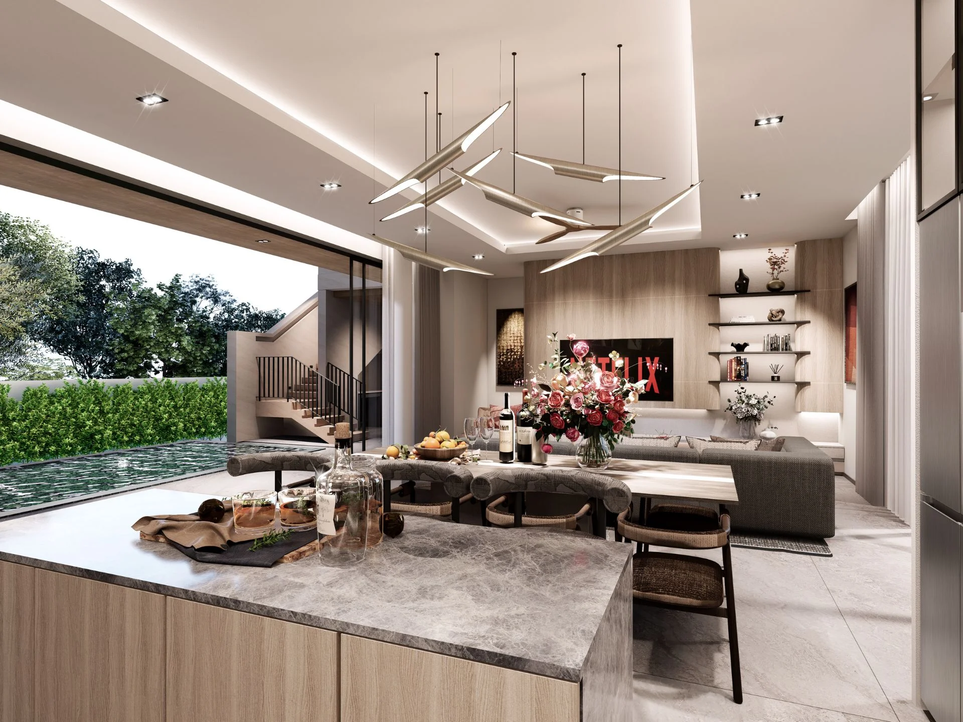 Open-plan living and dining area with kitchen in 3-bedroom villa at Privilege Luxury Villas, Lamai
