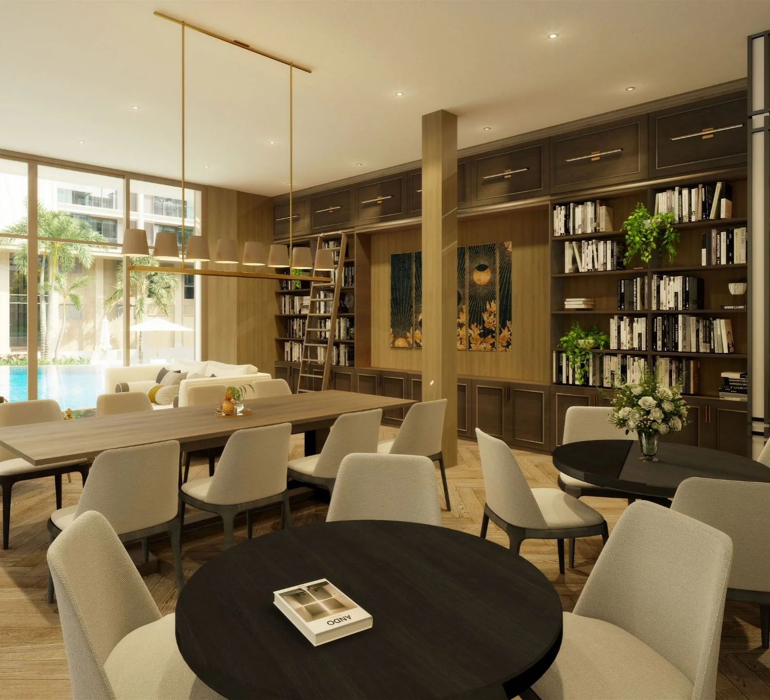 Communal lounge with library and dining area at The Ozone Signature, Thailand