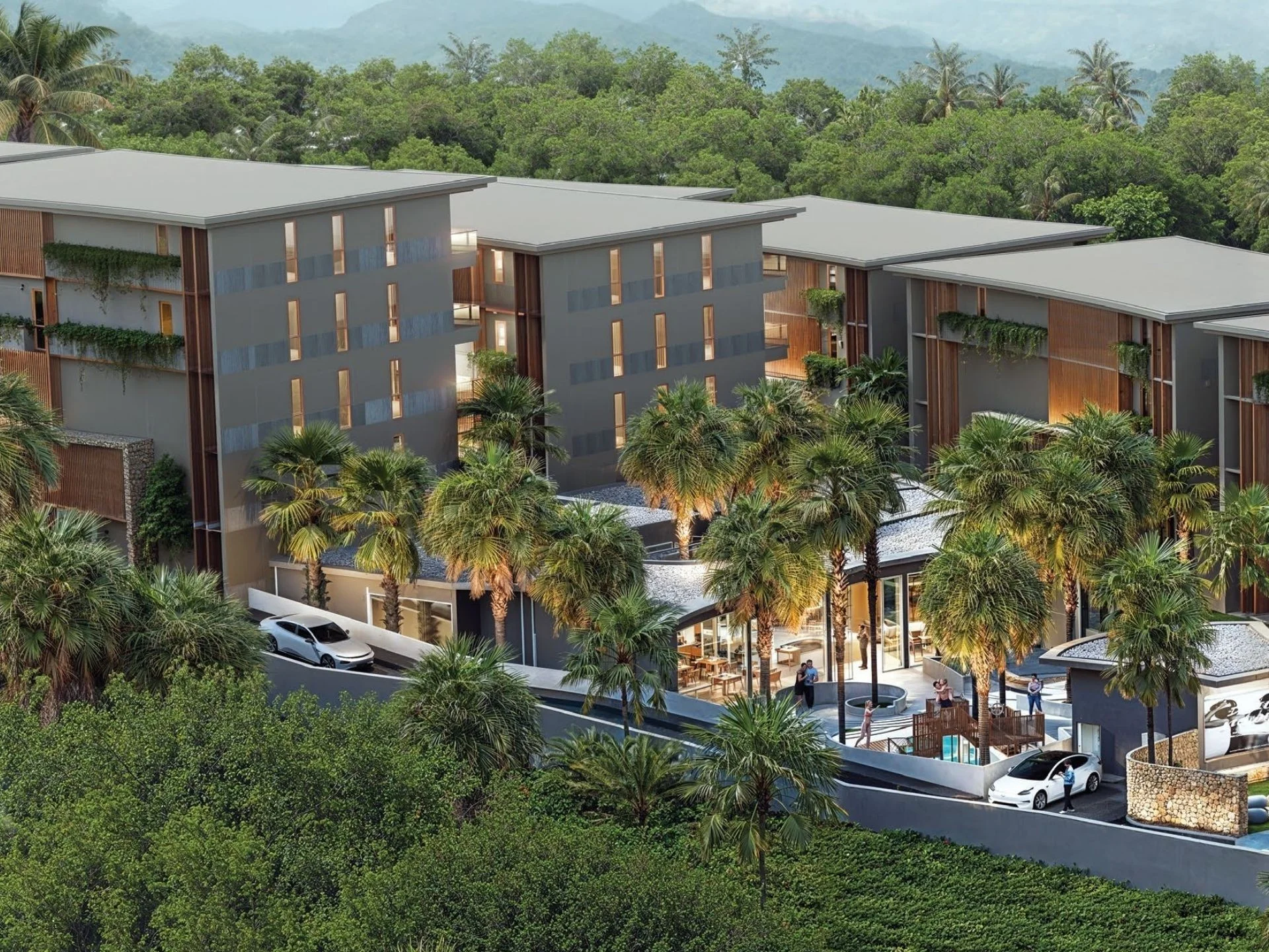 Modern residential complex architecture with mountain views, Bang Tao