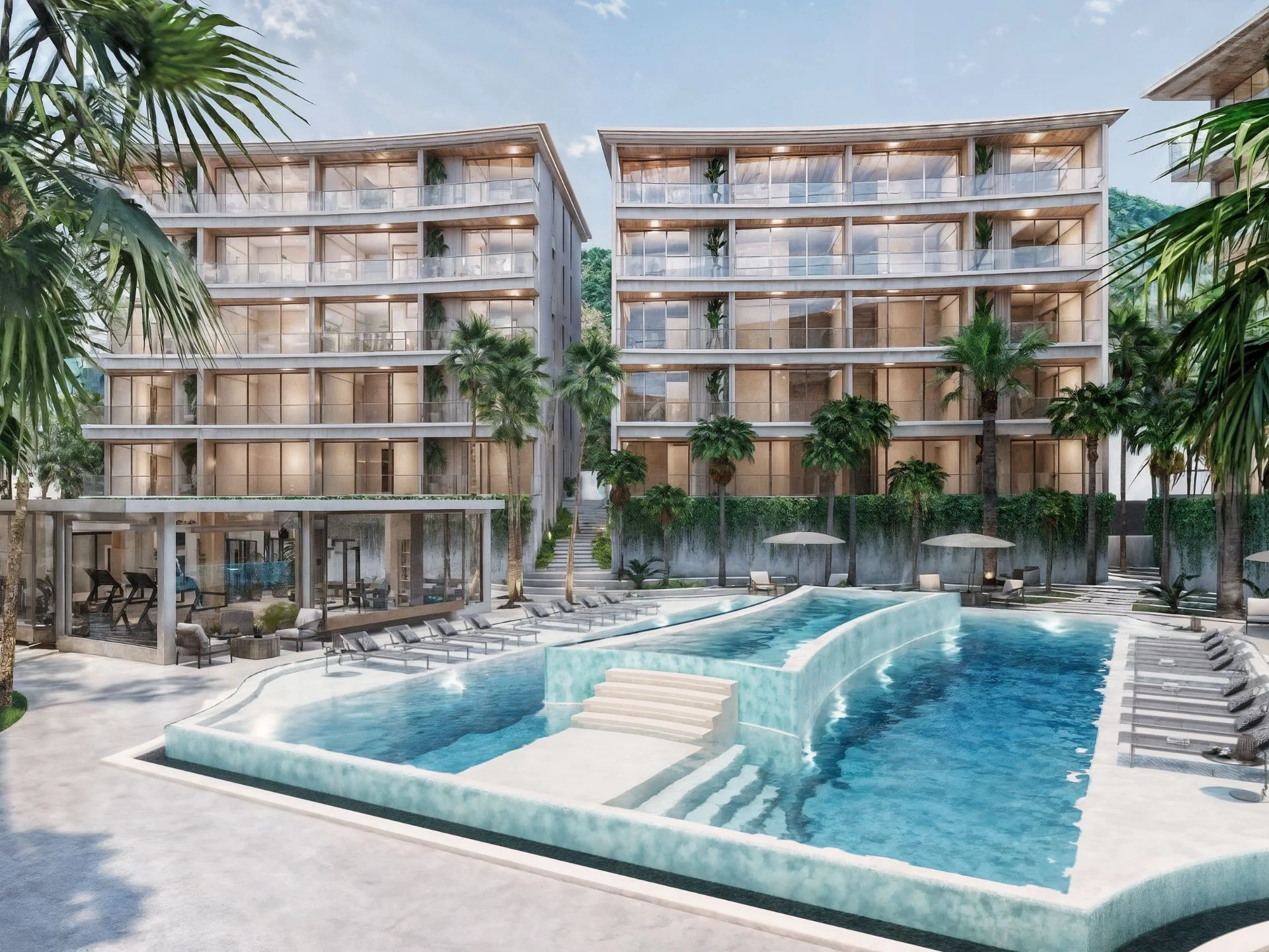 Modern residential complex with swimming pool and landscaped courtyard at The Trees Residence, Bang Tao
