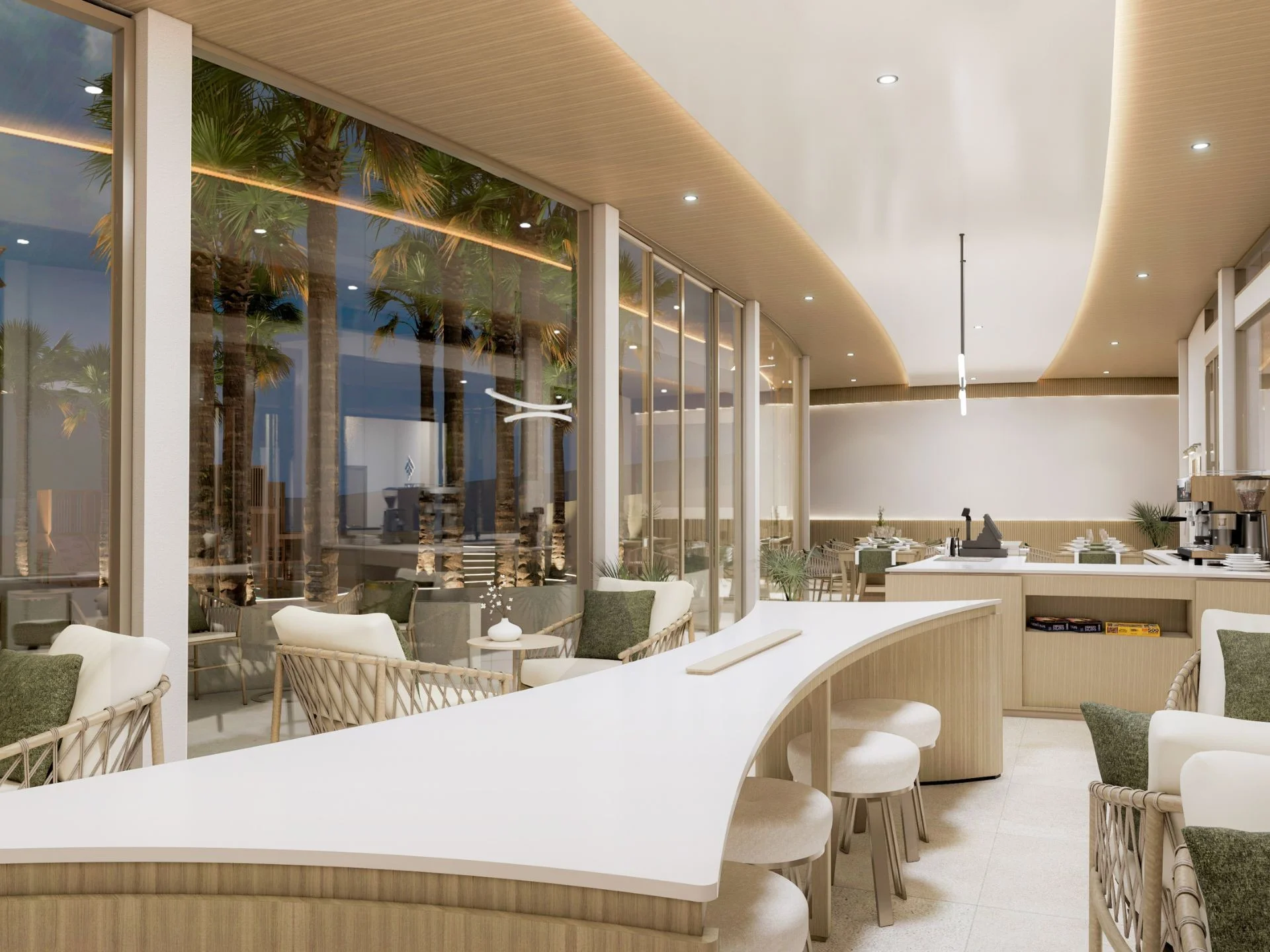 Open-plan kitchen and dining area with island counter at The Trees Residence, Thailand