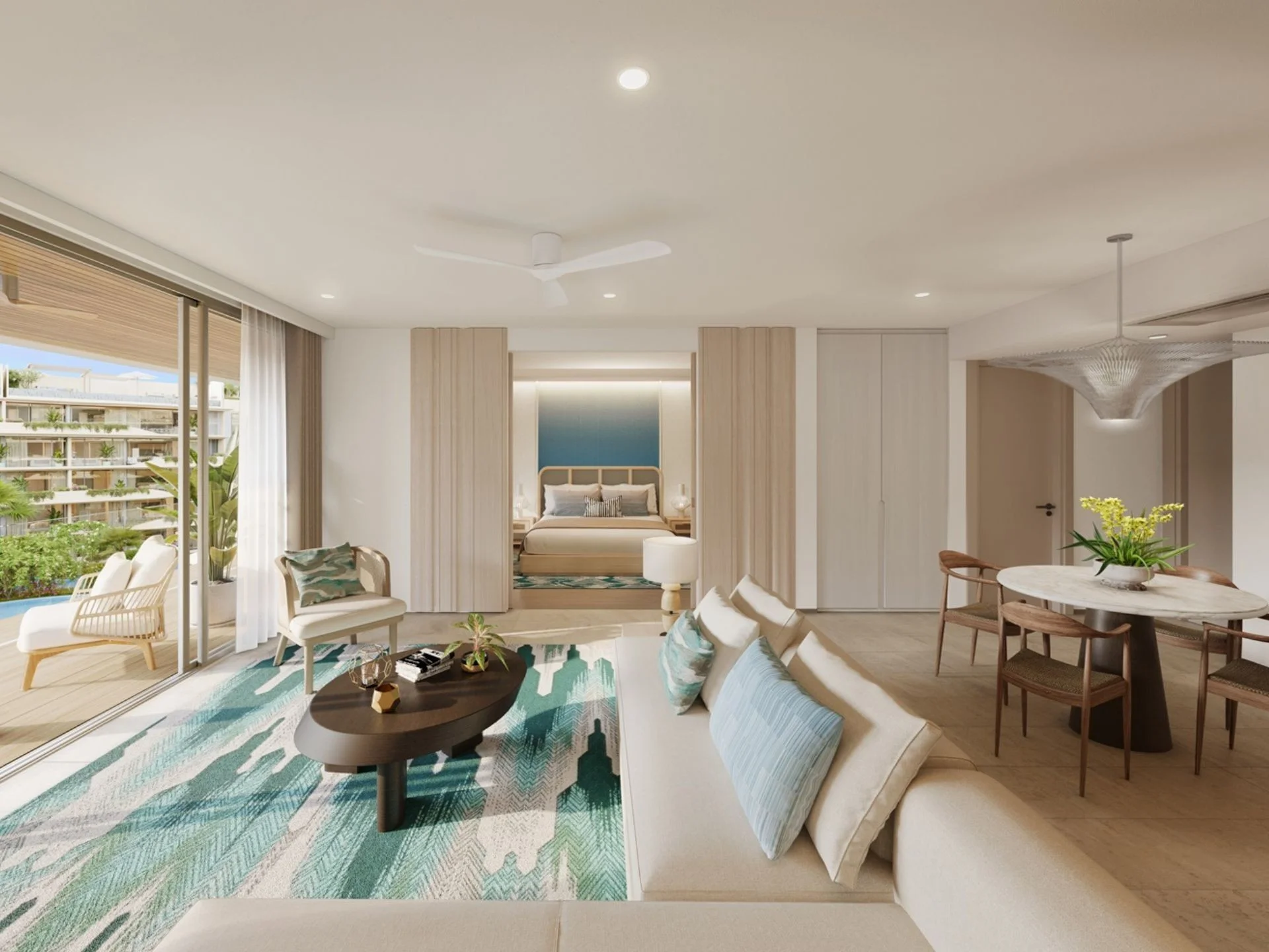 Living room interior in 3-bedroom apartment at Laguna Beach Residences Bayside, Thailand
