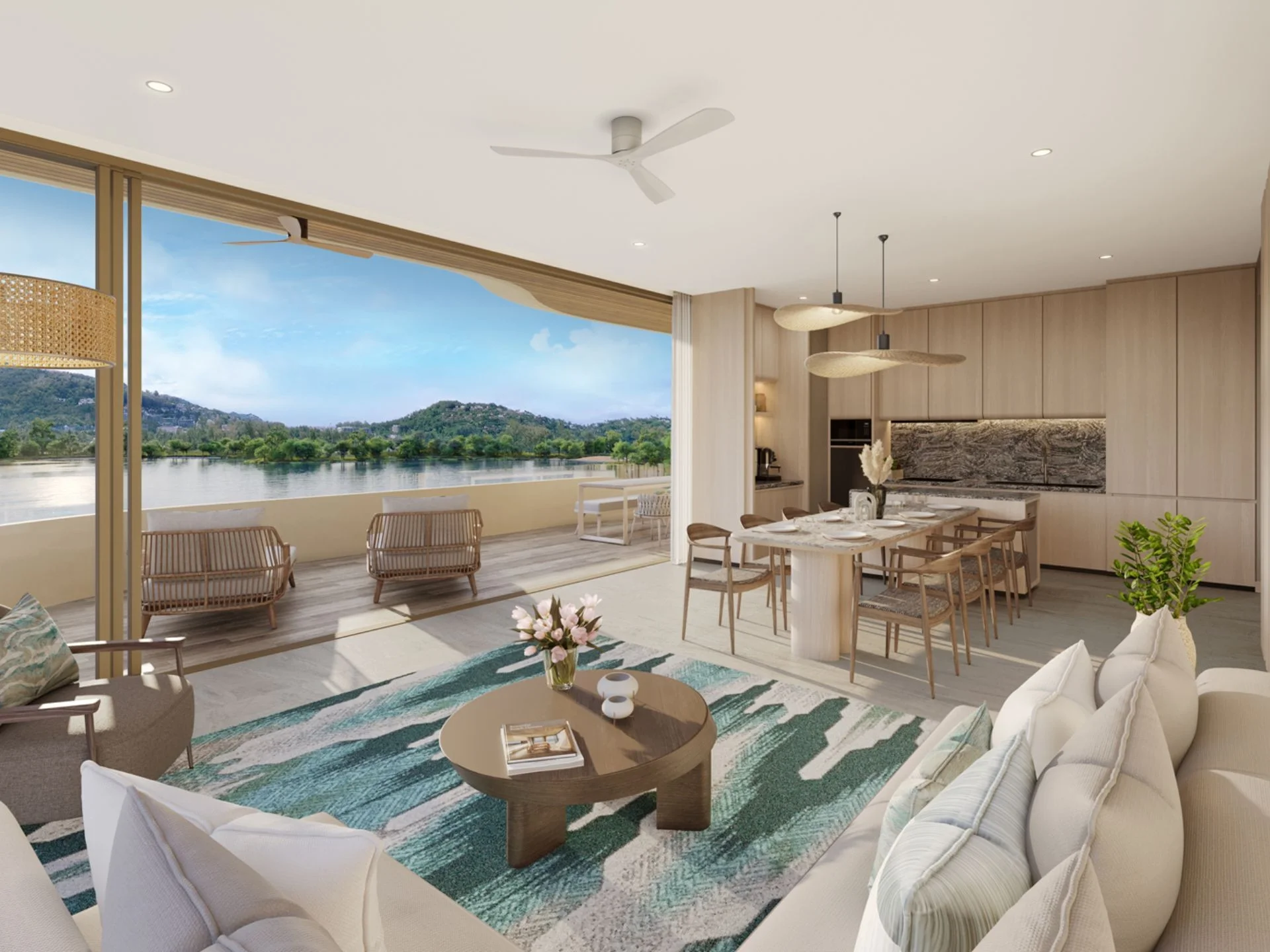 River view from living room and terrace in 3-bedroom apartment at Laguna Beach Residences Bayside, Thailand