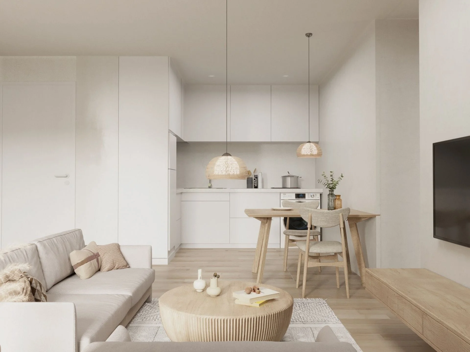 Área de sala y cocina de planta abierta en apartamento de 2 dormitorios en Wing Samui, Bo Pu