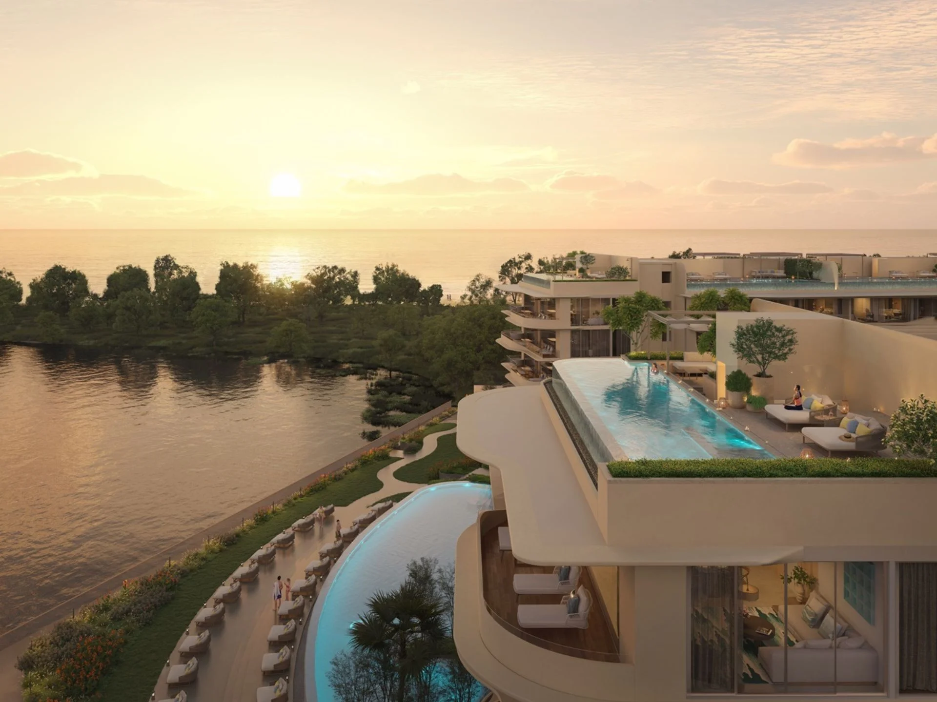 River view from Laguna Beach Residences Bayside apartment with swimming pool, Thailand