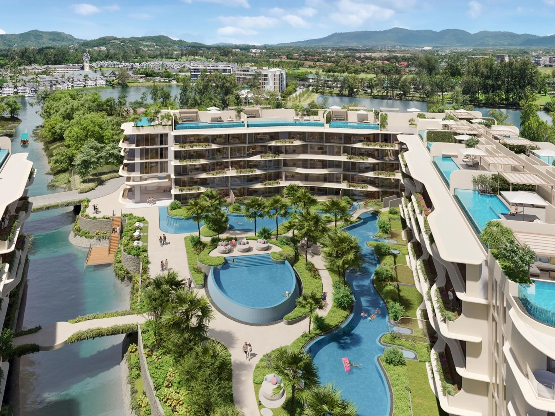 Architecture of Laguna Beach Residences Bayside with riverside pools and mountain views, Thailand