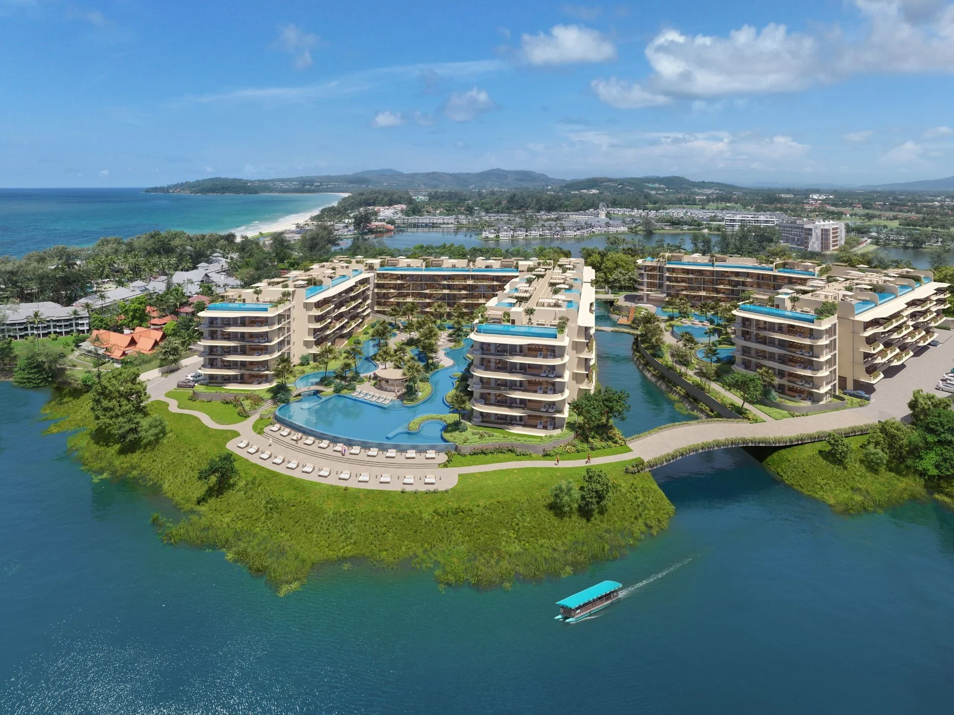 Aerial view of Laguna Beach Residences Bayside complex with swimming pools and waterfront setting, Thailand