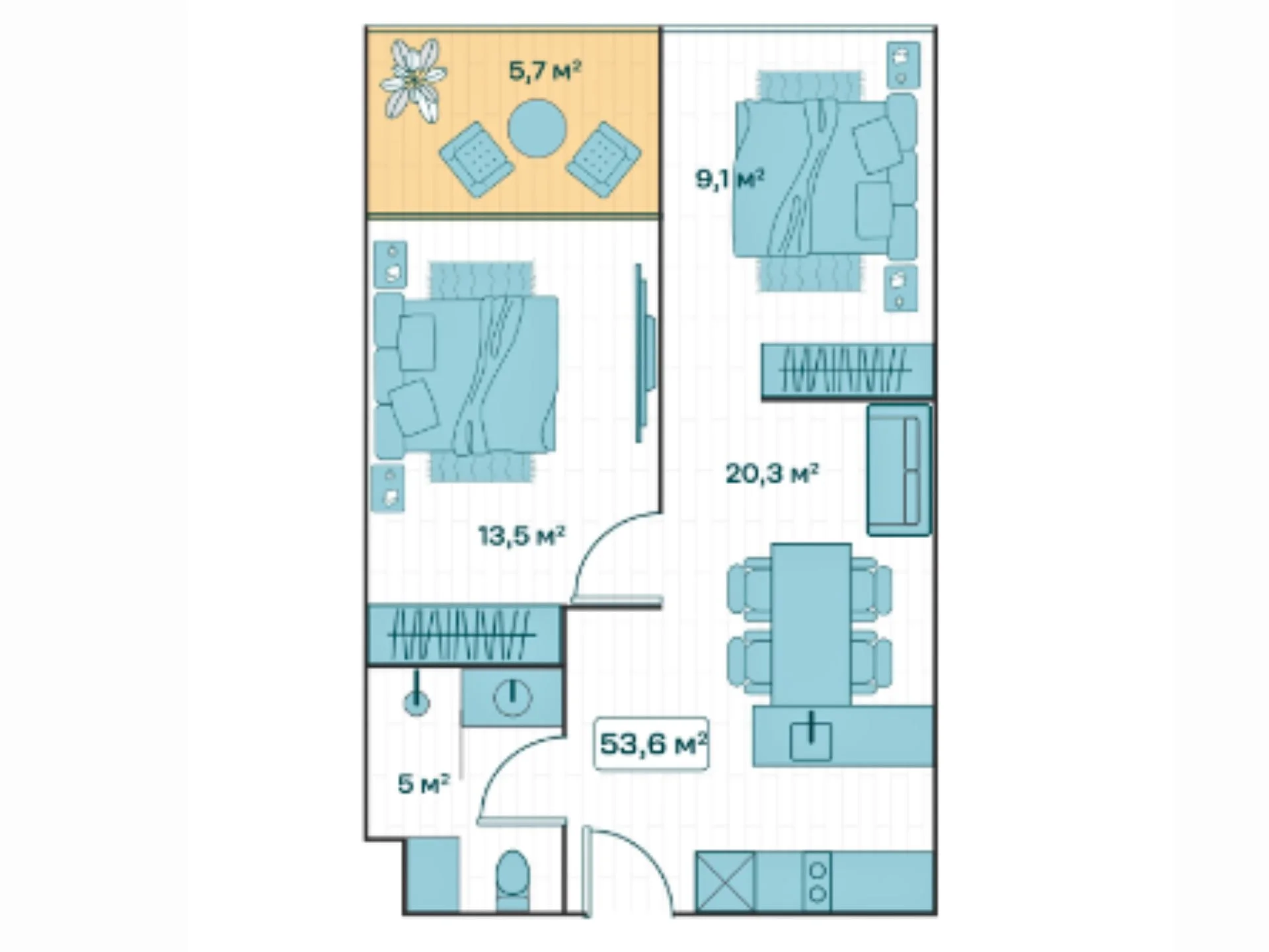 Unit plan 2 bedrooms 54 sqm Sun Hill Lakeside