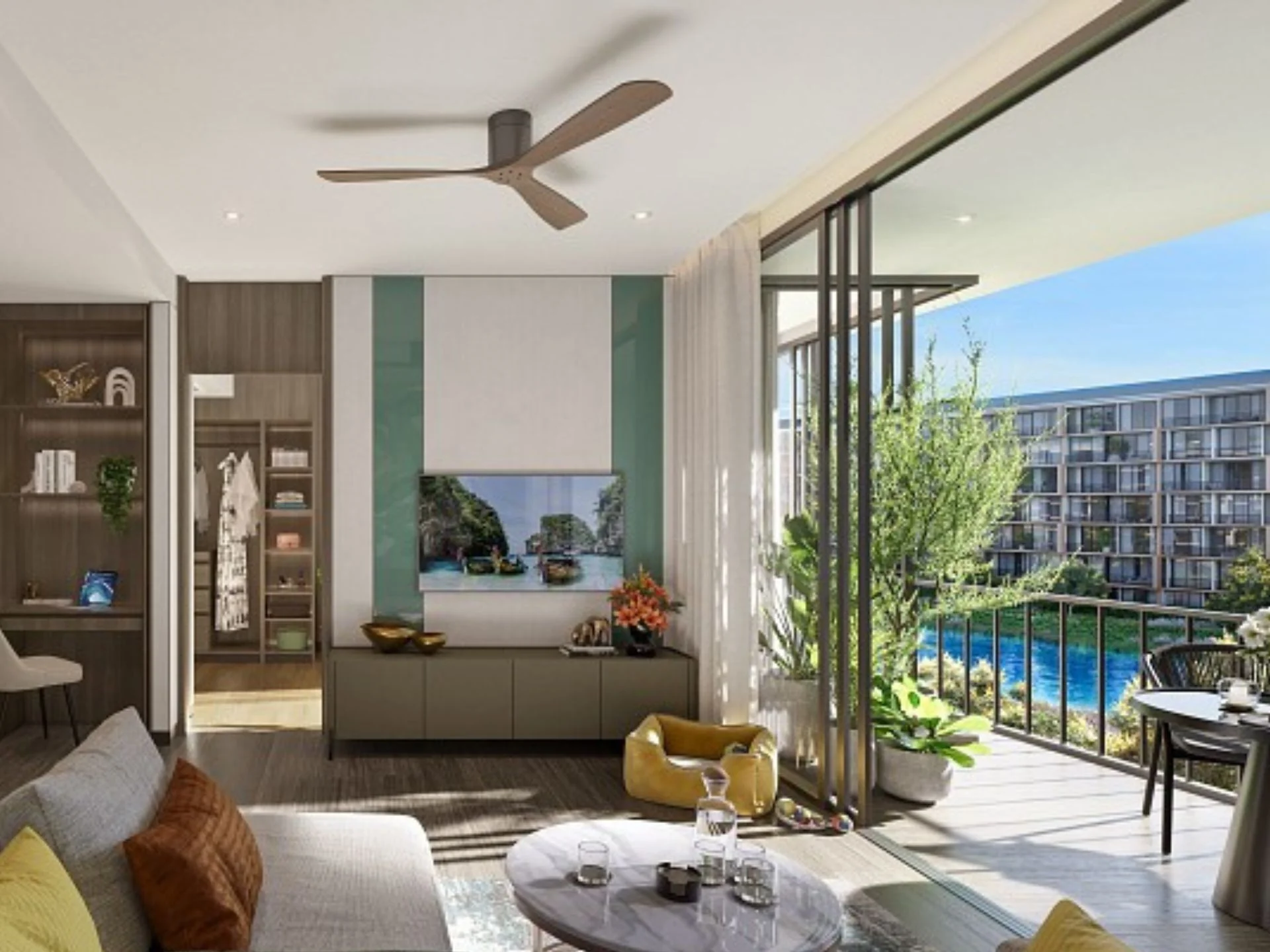 Living room interior with sea view in 3-bedroom apartment at Laguna Skypark Elara, Thailand