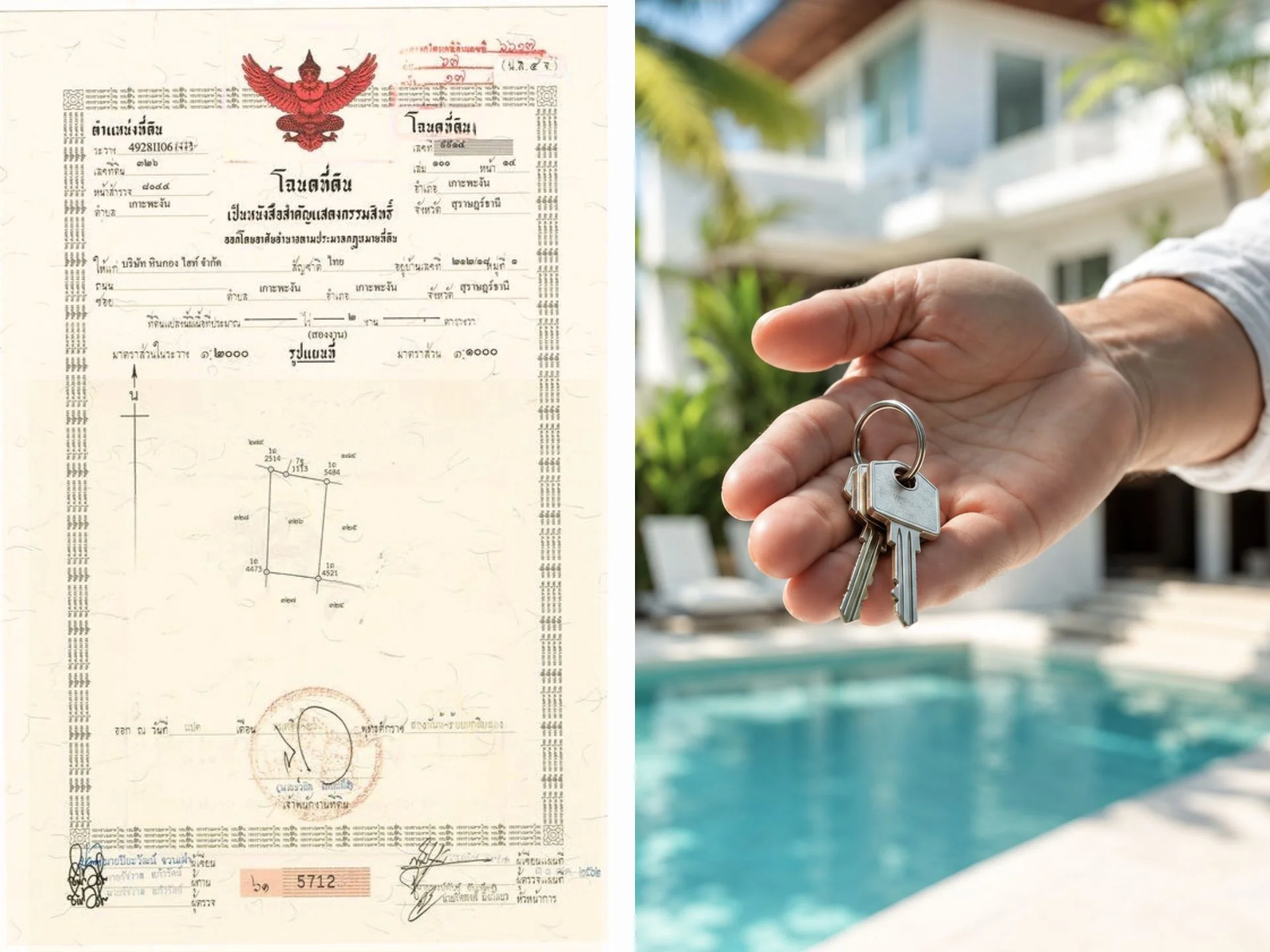 Thai property deed document with Garuda emblem and hand holding keys to tropical villa with pool in background