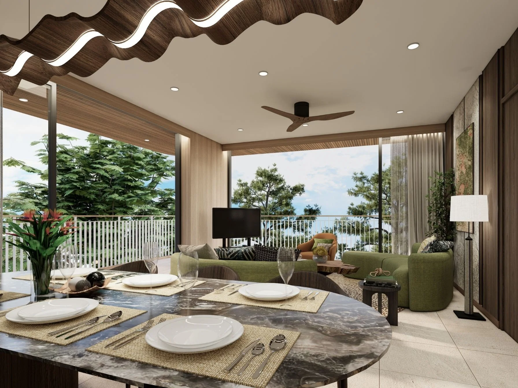 Area living e dining open-plan con vista mare in appartamento 2 camere a Bellaguna Golf Residences Hibiscus, Tailandia