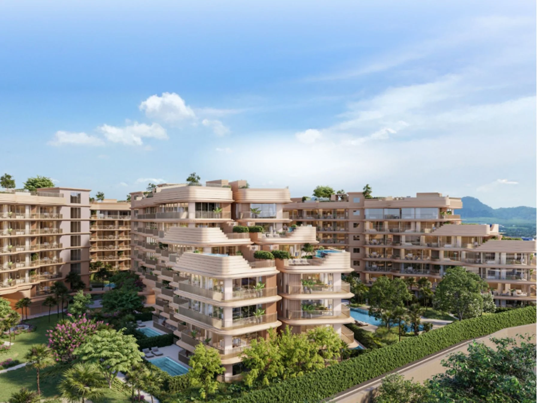 Architecture of Bellaguna Golf Residences Hibiscus with landscaped grounds and mountain views, Thailand