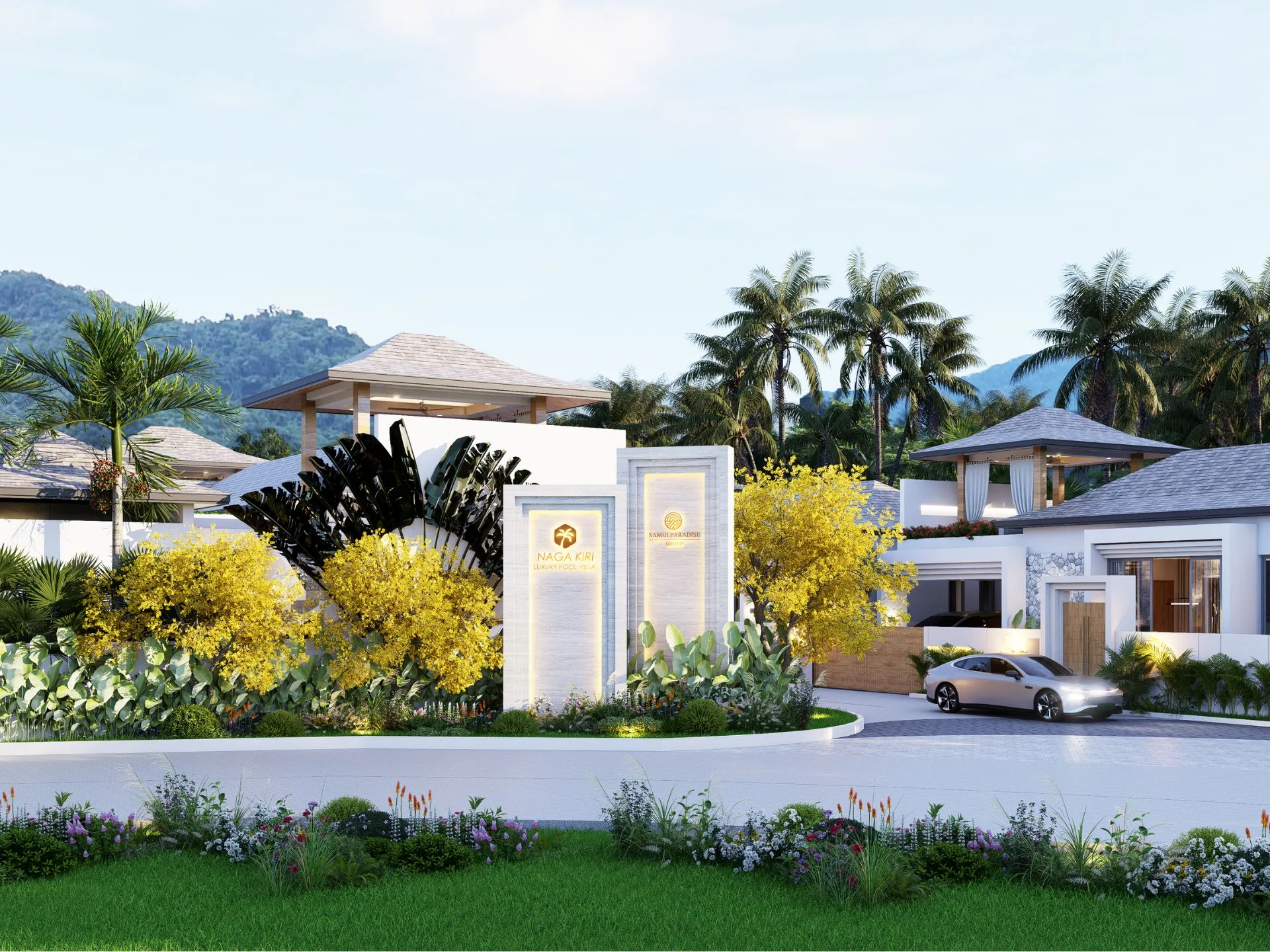 Entrance gate and landscaped grounds at Naga Kiri villa complex, Lamai