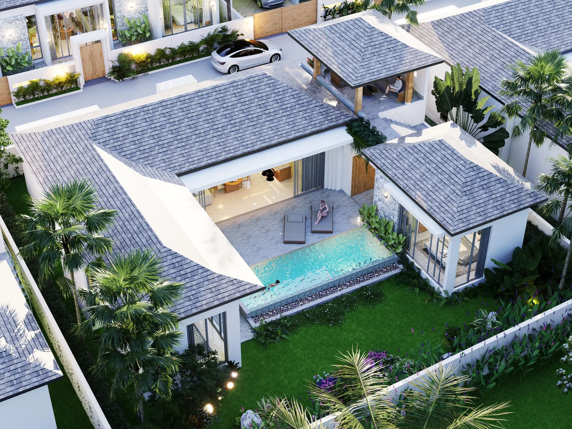 Aerial view of villa with private pool, terrace and landscaped garden at Naga Kiri, Lamai