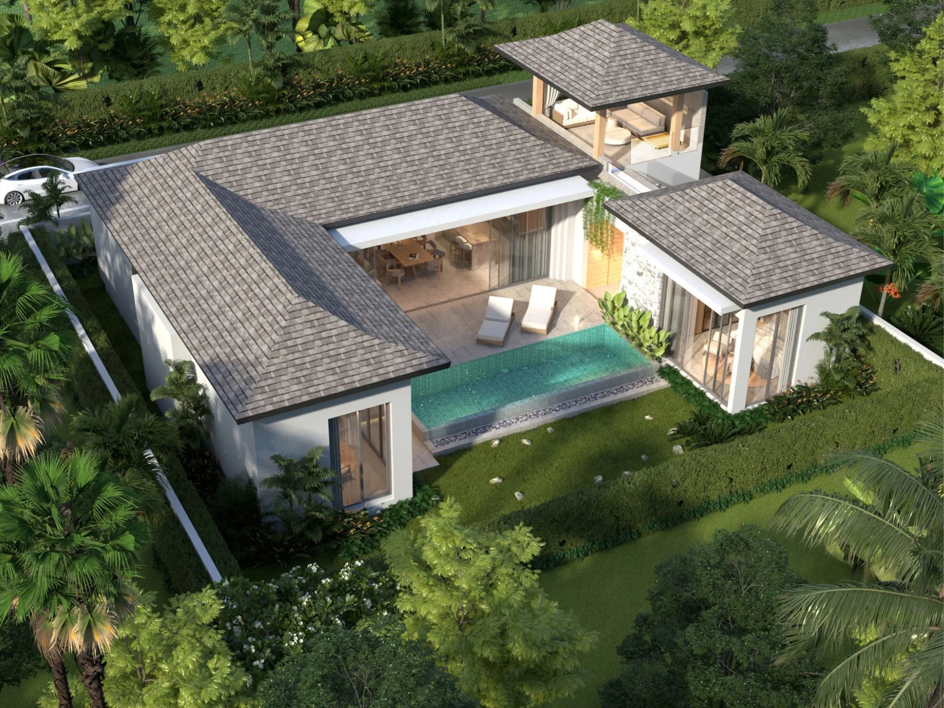 Architecture of Naga Kiri villa with private pool and landscaped grounds, Thailand