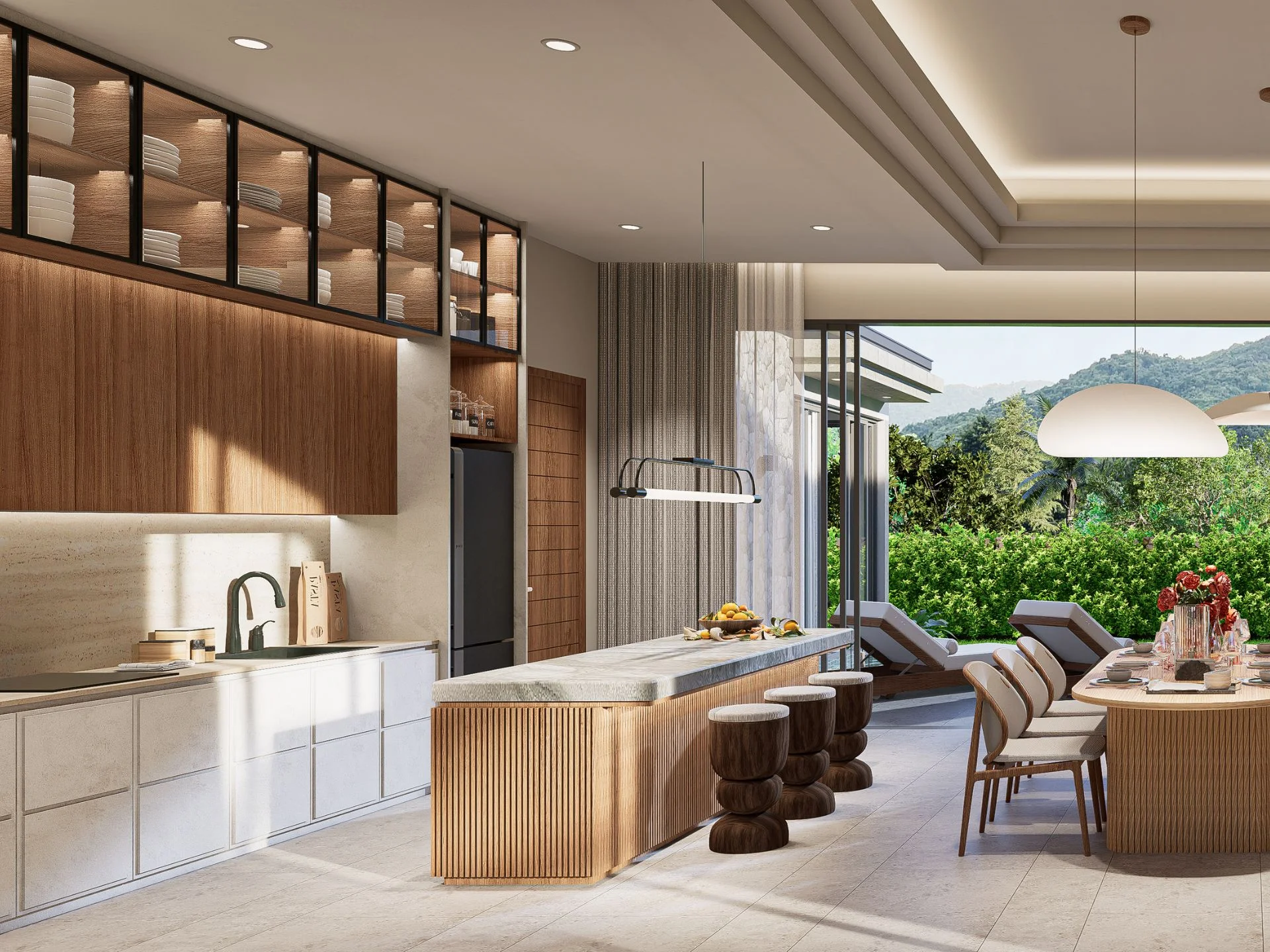 Open-plan kitchen and dining area with mountain view in 3-bedroom villa at Naga Kiri, Lamai