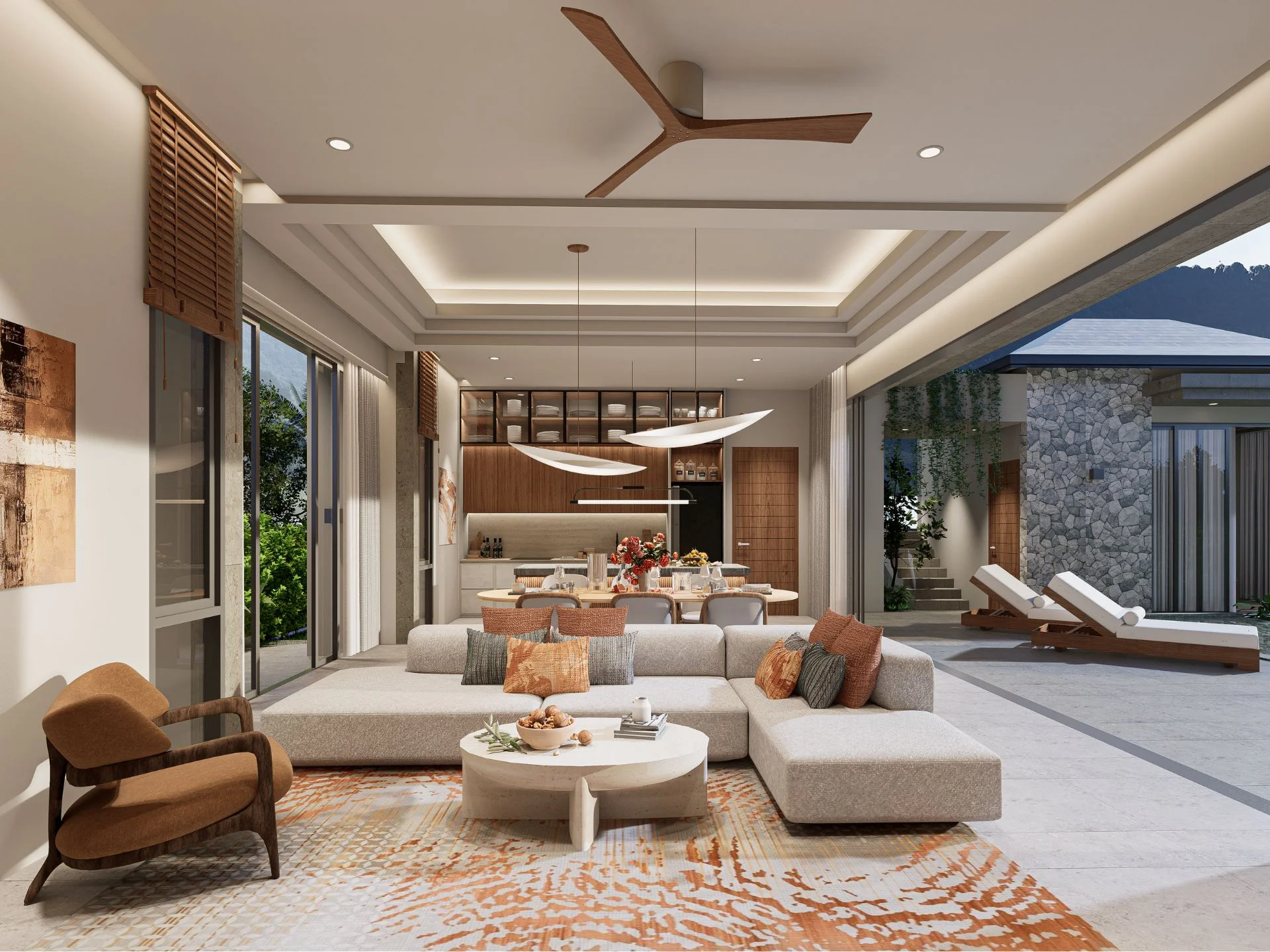 Living room interior with open-plan kitchen in 3-bedroom villa at Naga Kiri, Lamai
