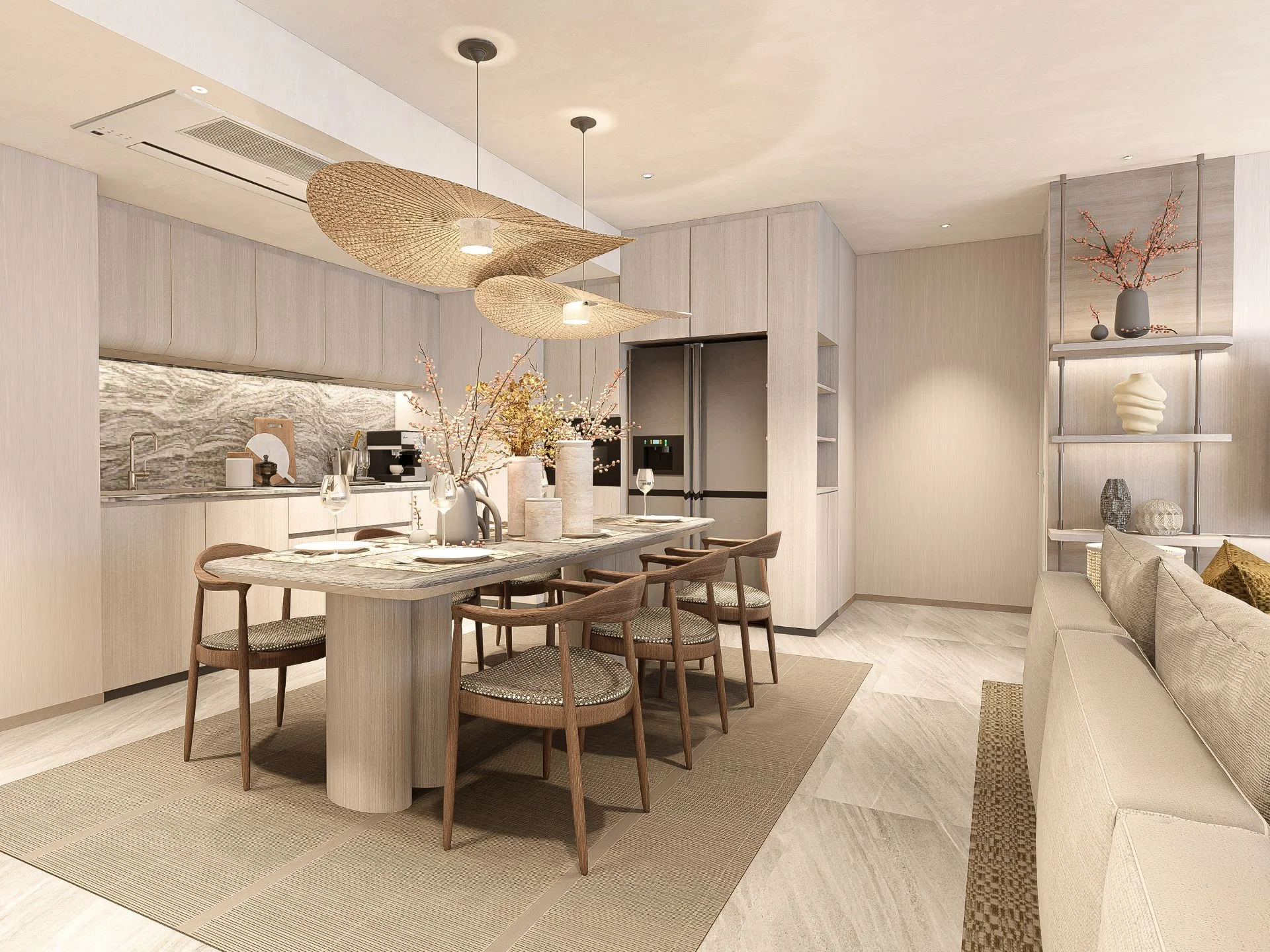 Cucina a pianta aperta e zona pranzo in appartamento 1 camera a Bellaguna Lake Residences Lotus, Tailandia