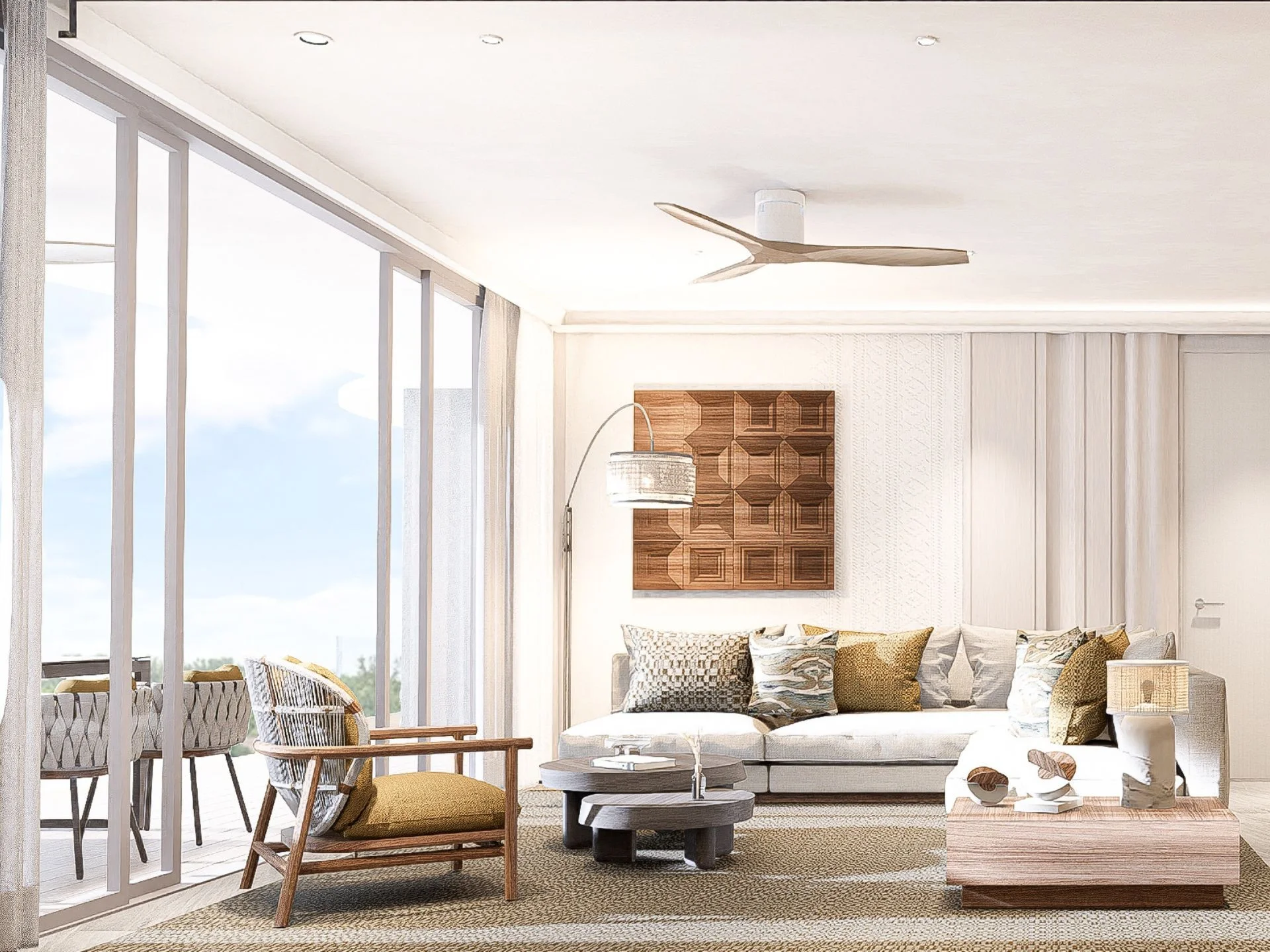Living room interior with panoramic windows in a 2-bedroom apartment at Bellaguna Lake Residences Lotus, Thailand