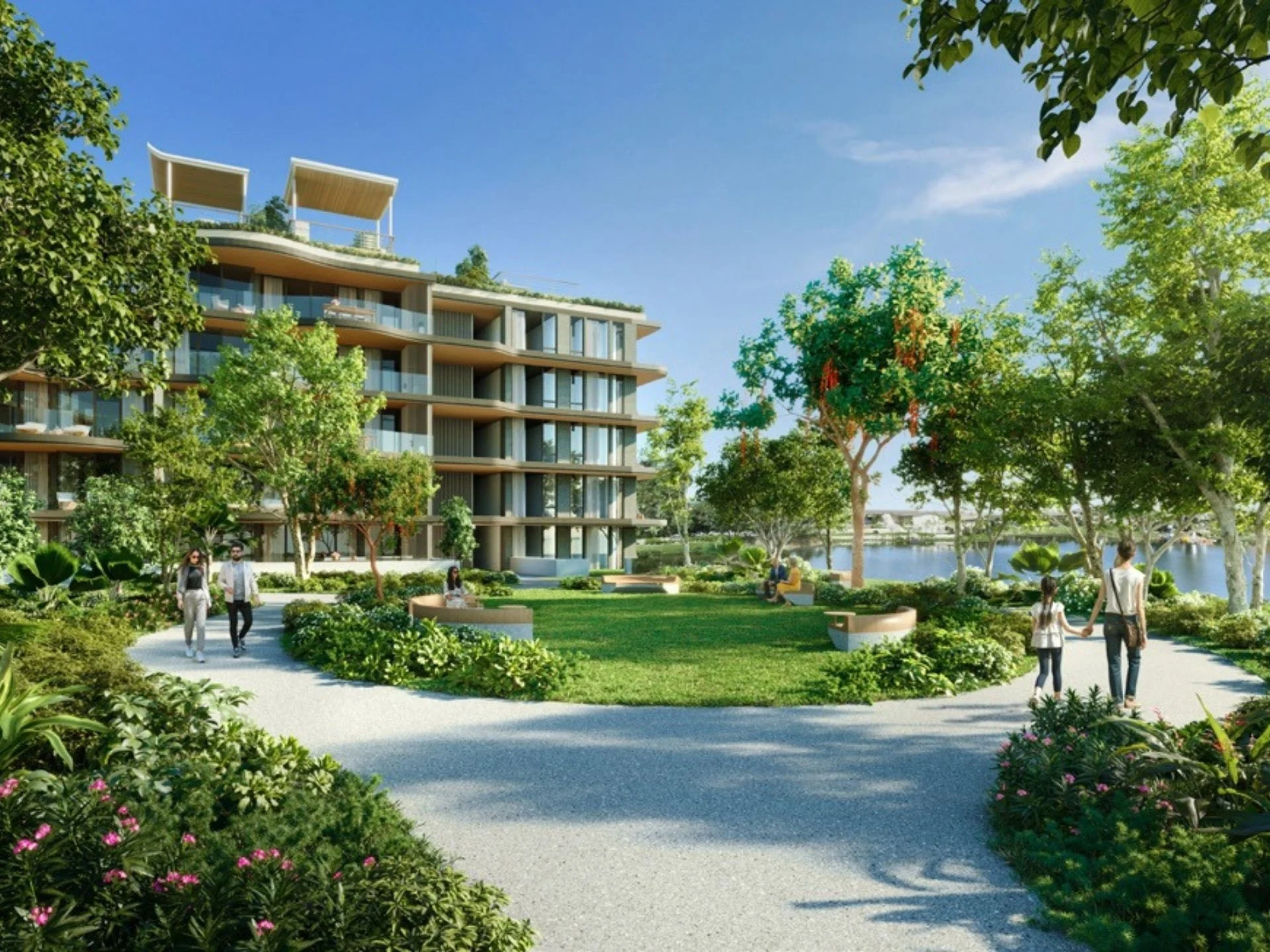 Cortile paesaggistico con vista sul lago a Bellaguna Lake Residences Lotus, Tailandia