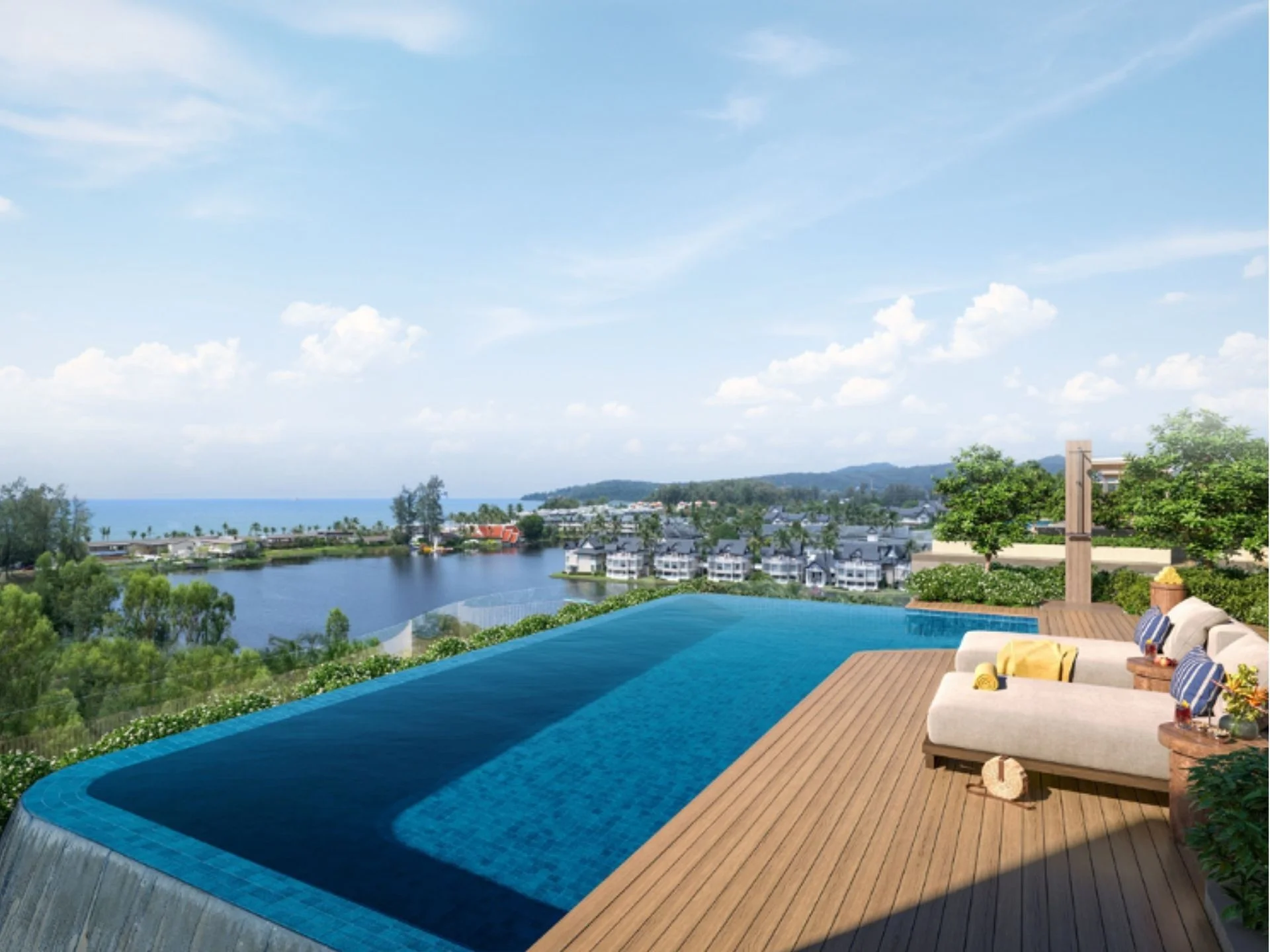 Lake and mountain view from terrace with infinity pool at Bellaguna Lake Residences Lotus, Thailand