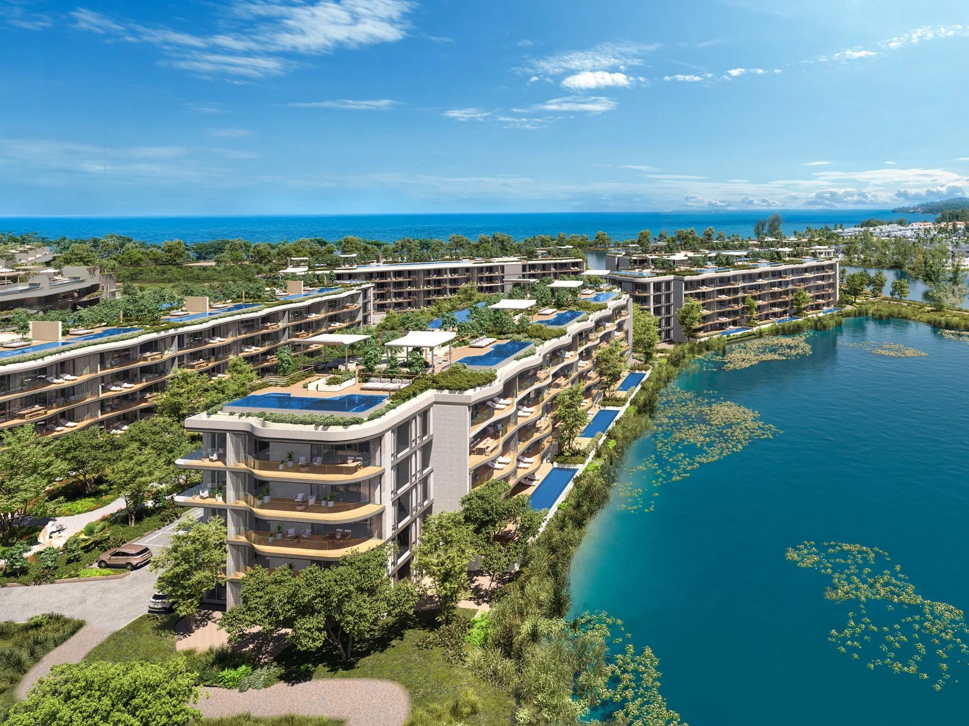 Architettura complesso Lotus Bellaguna Lake Residences con vista sulla laguna, Tailandia