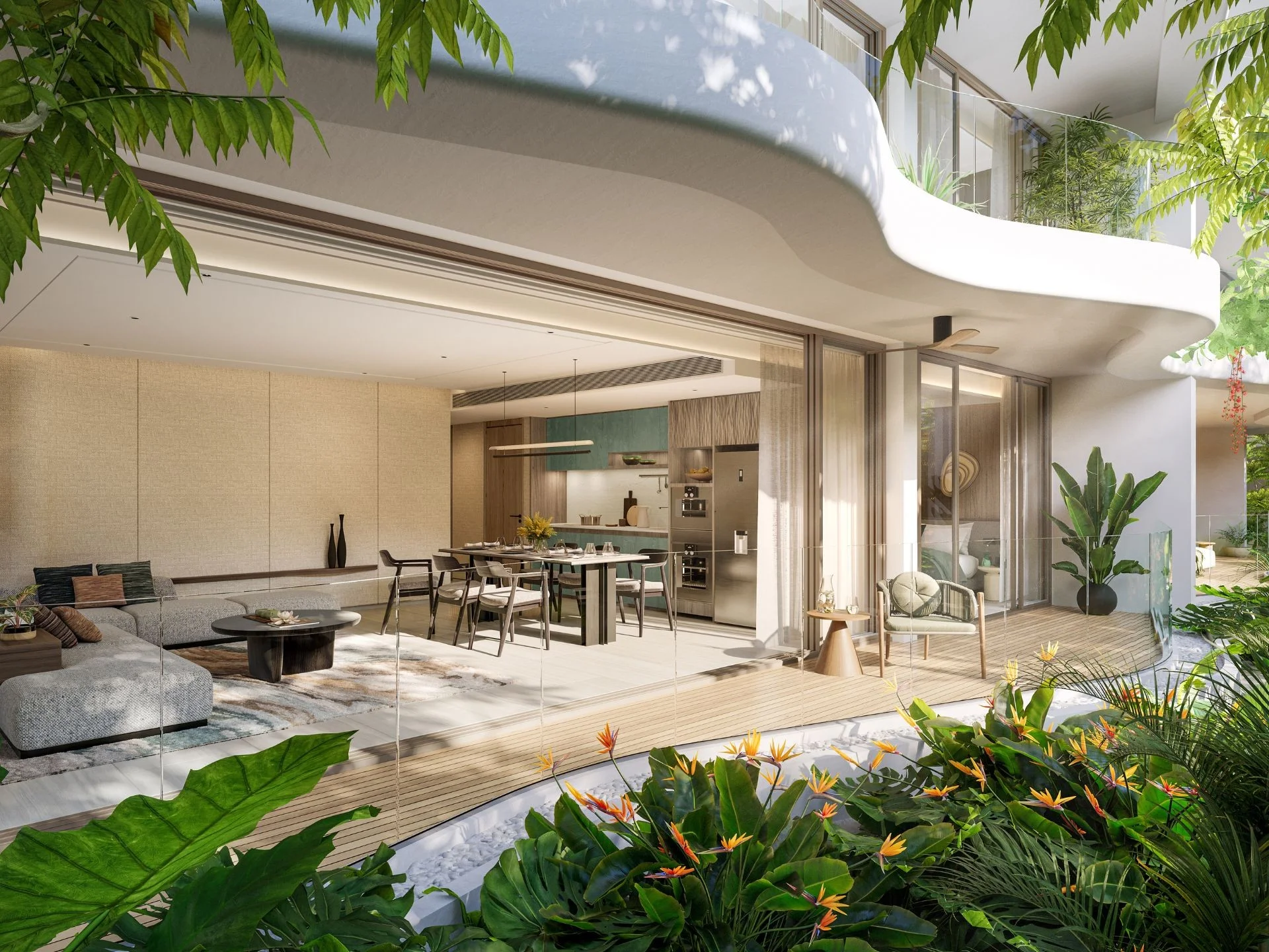 Open-plan living and dining area with kitchen in 2-bedroom penthouse at Garrya Residences Phuket, Bang Tao