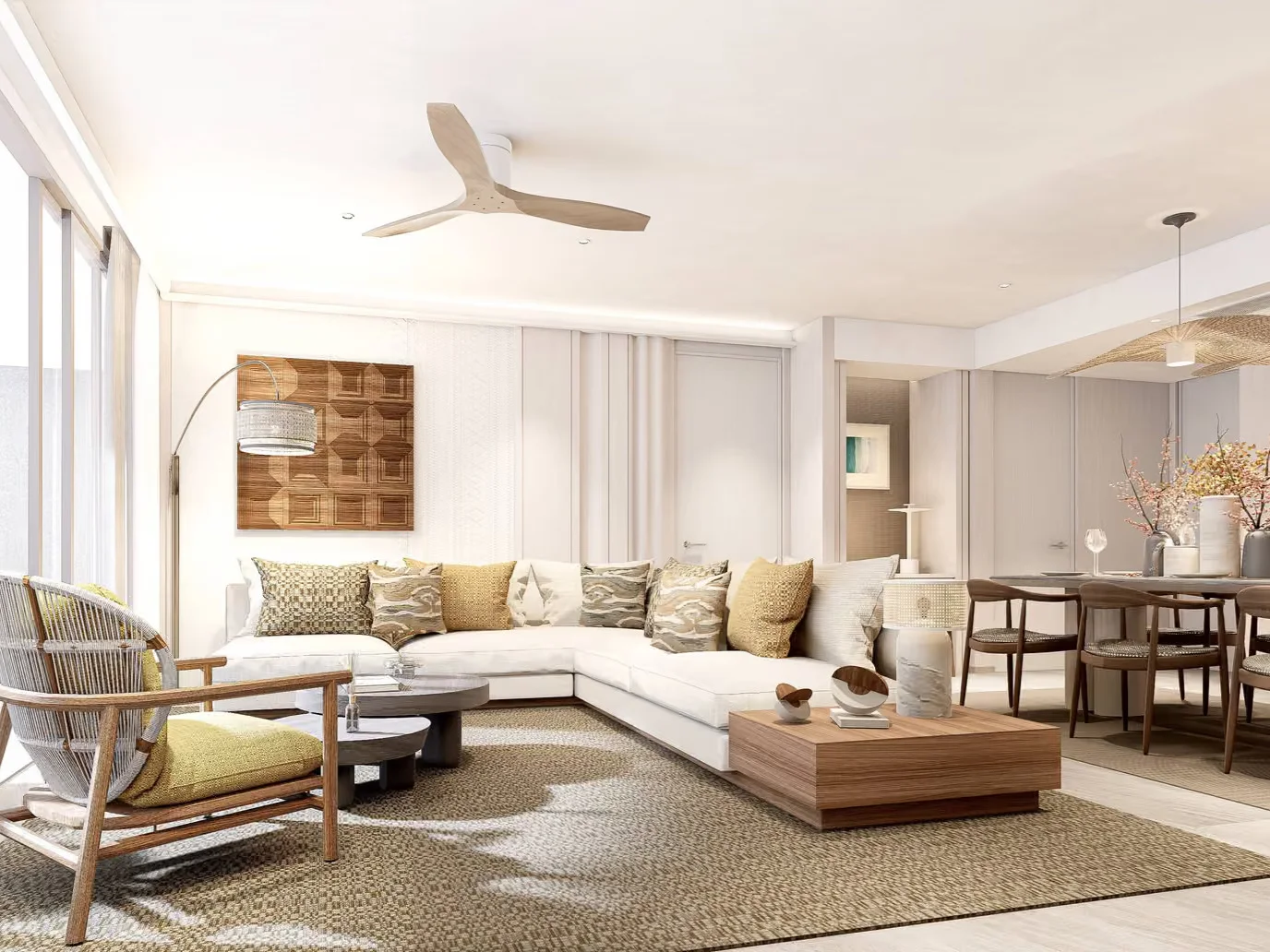 Living room interior in a 3-bedroom apartment at Bellaguna Lake Residences Lotus, Thailand