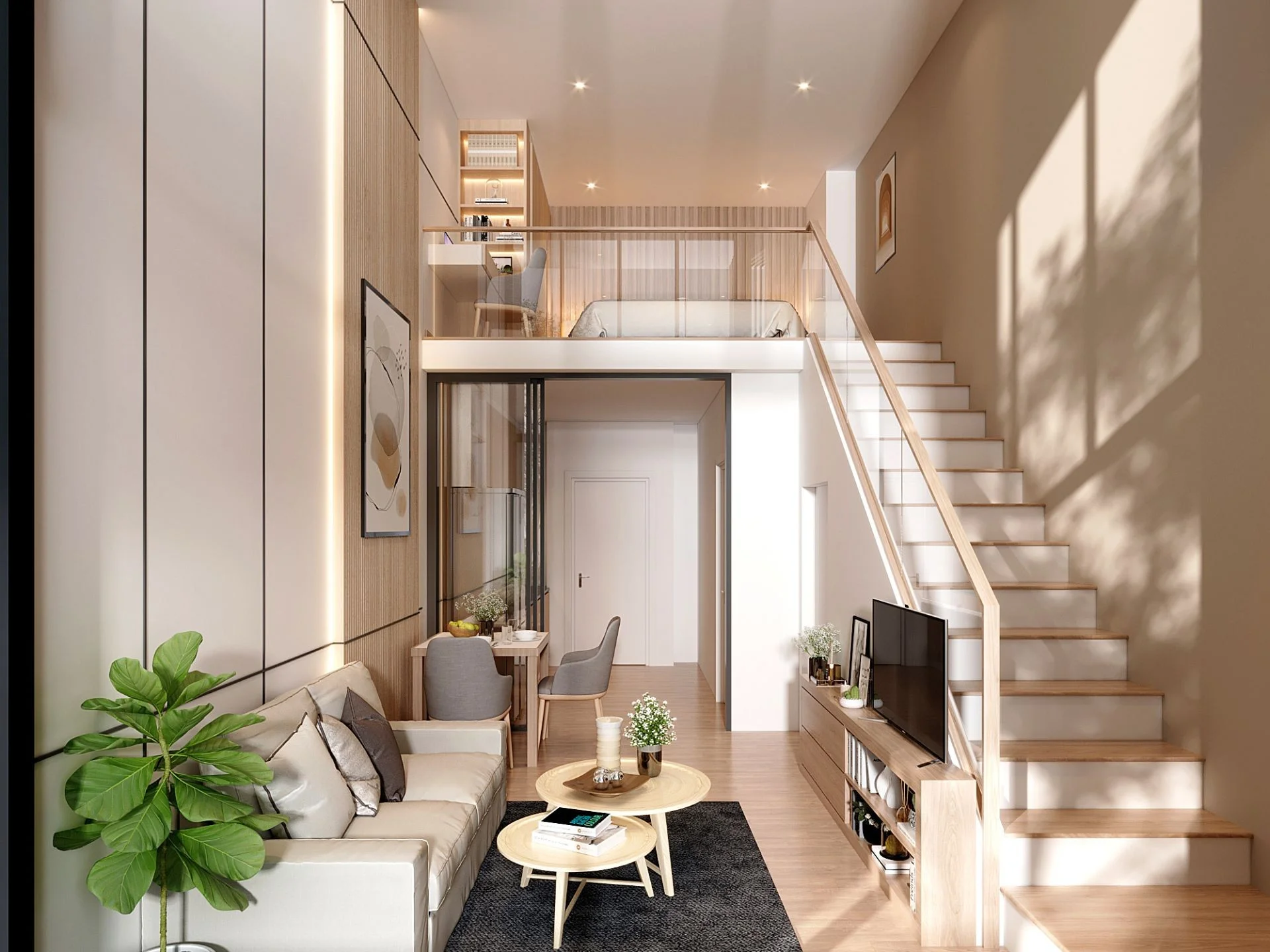 Living room interior in 1-bedroom duplex apartment at The Balance Kata, Thailand