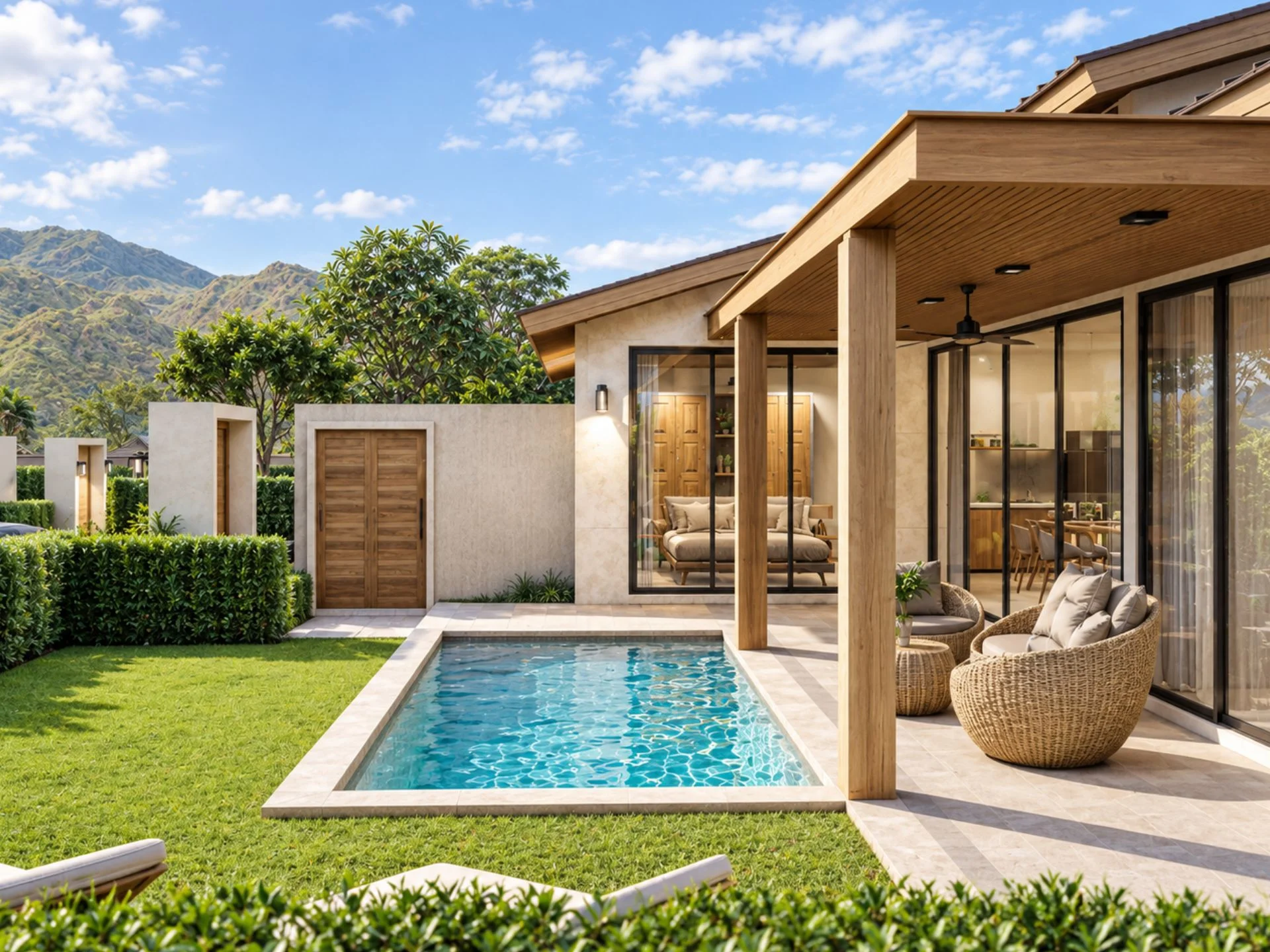 Architecture of Fisherman Pearl villa with private pool and mountain views, Bo Pu