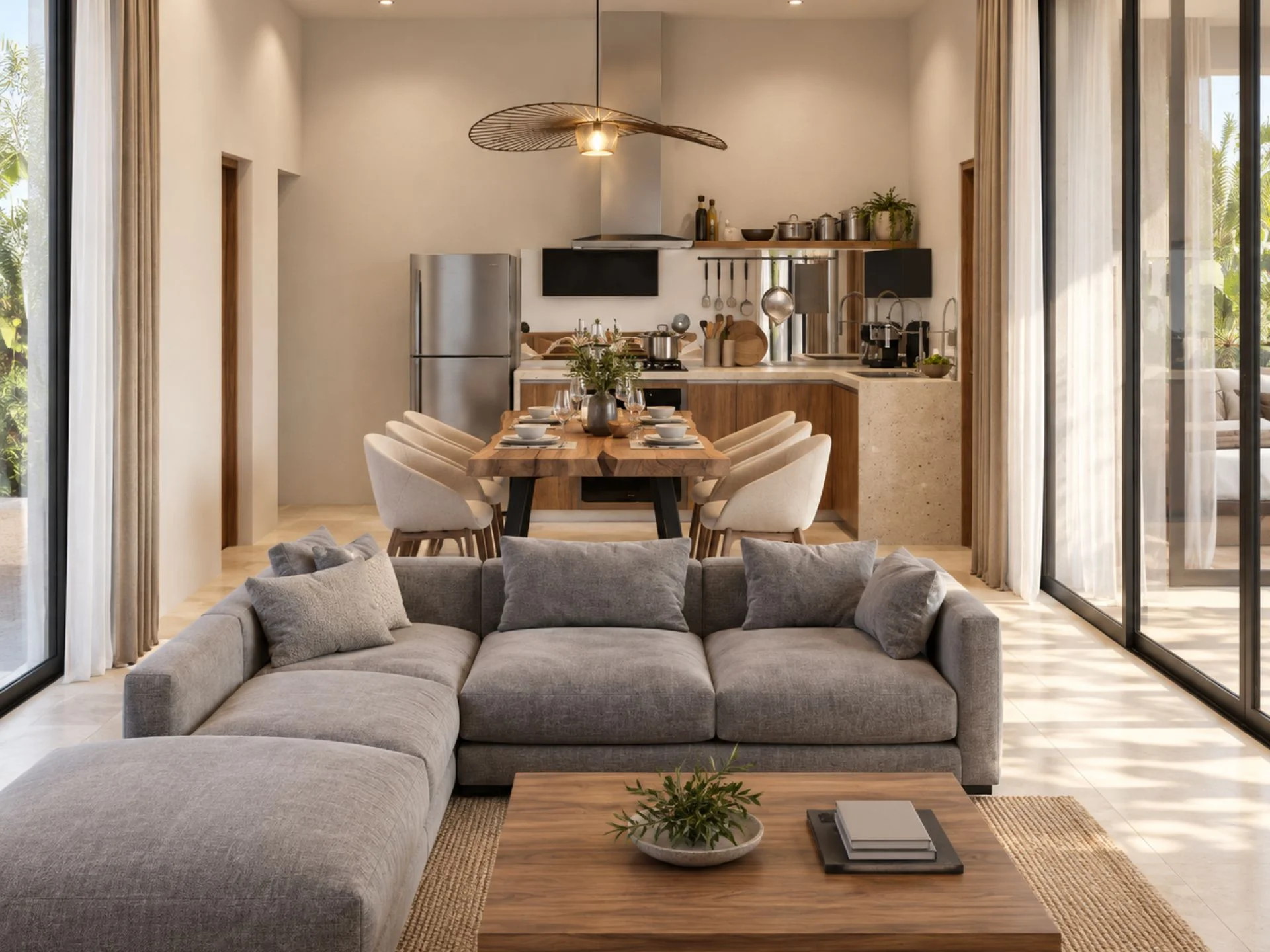 Open-plan living and kitchen area in 3-bedroom villa at Fisherman Pearl, Bo Pu