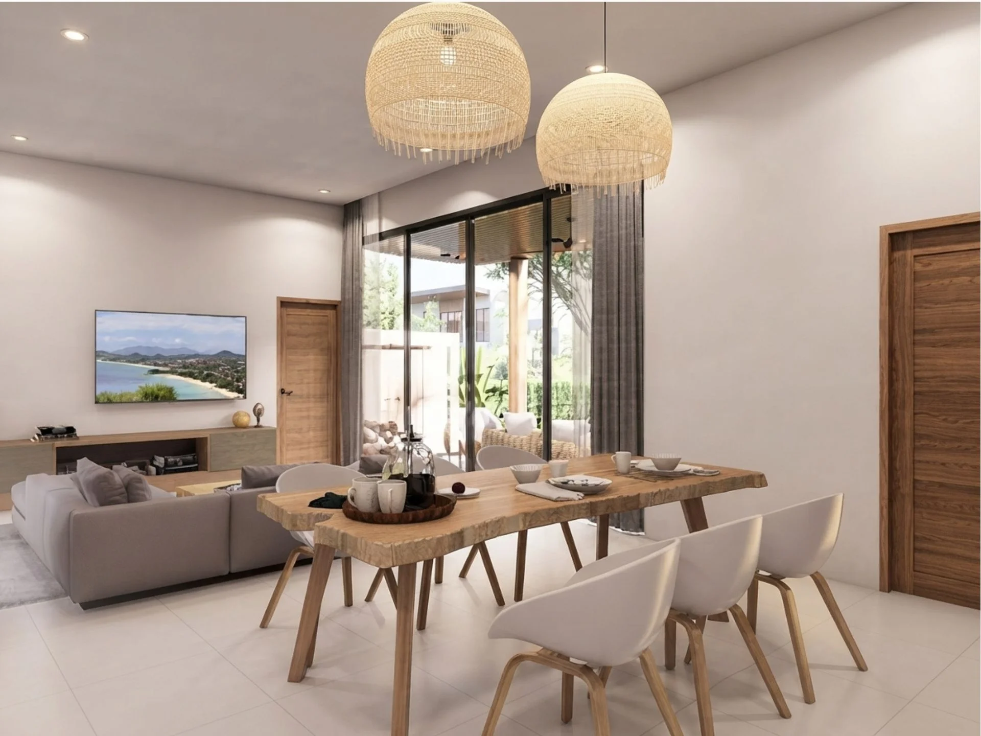 Open-plan living and dining area interior in 3-bedroom villa at Fisherman Pearl, Bo Pu