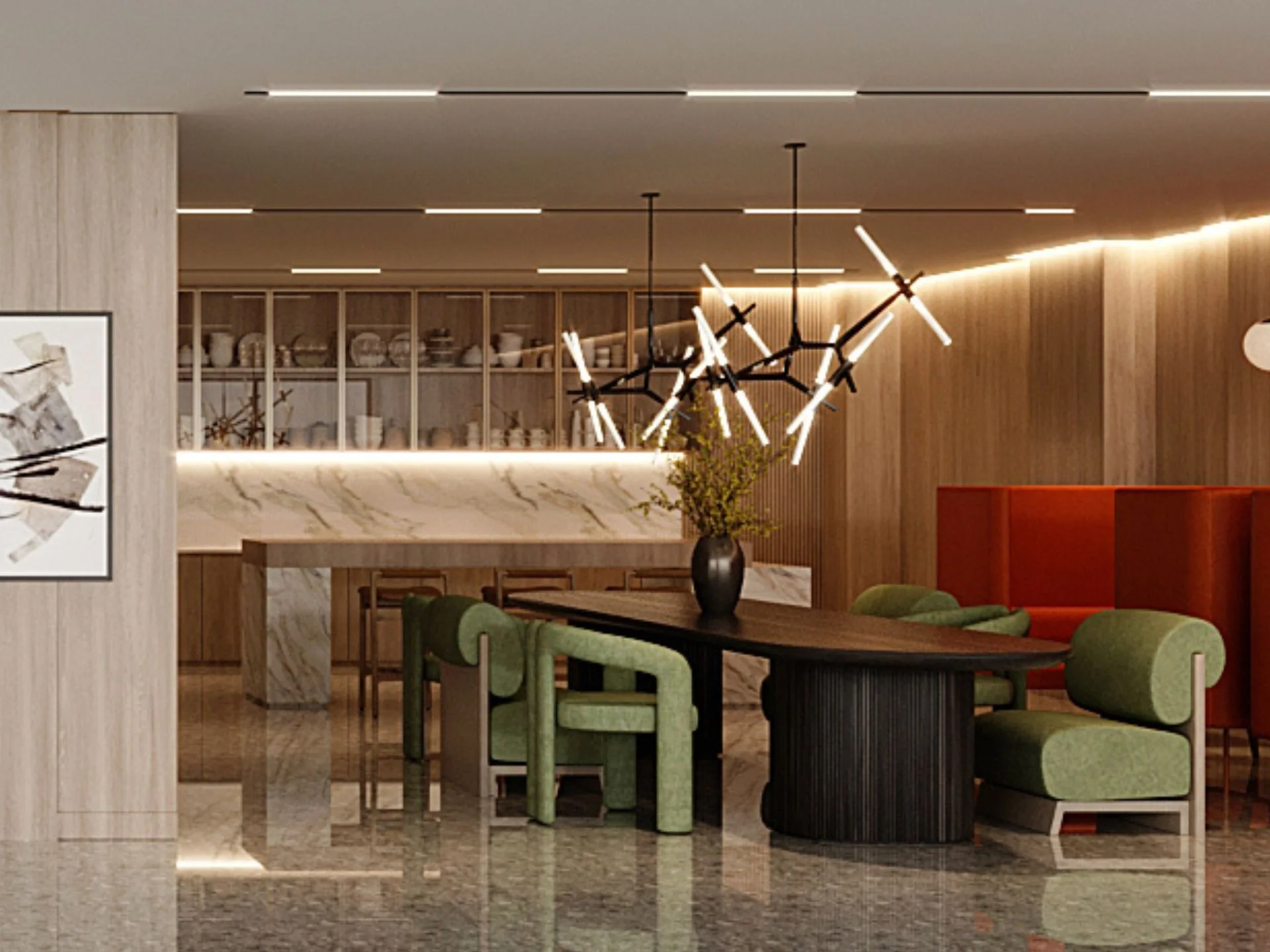 Lobby interior at The Balance Kata with dining area, modern pendant lighting, and green upholstered chairs, Thailand